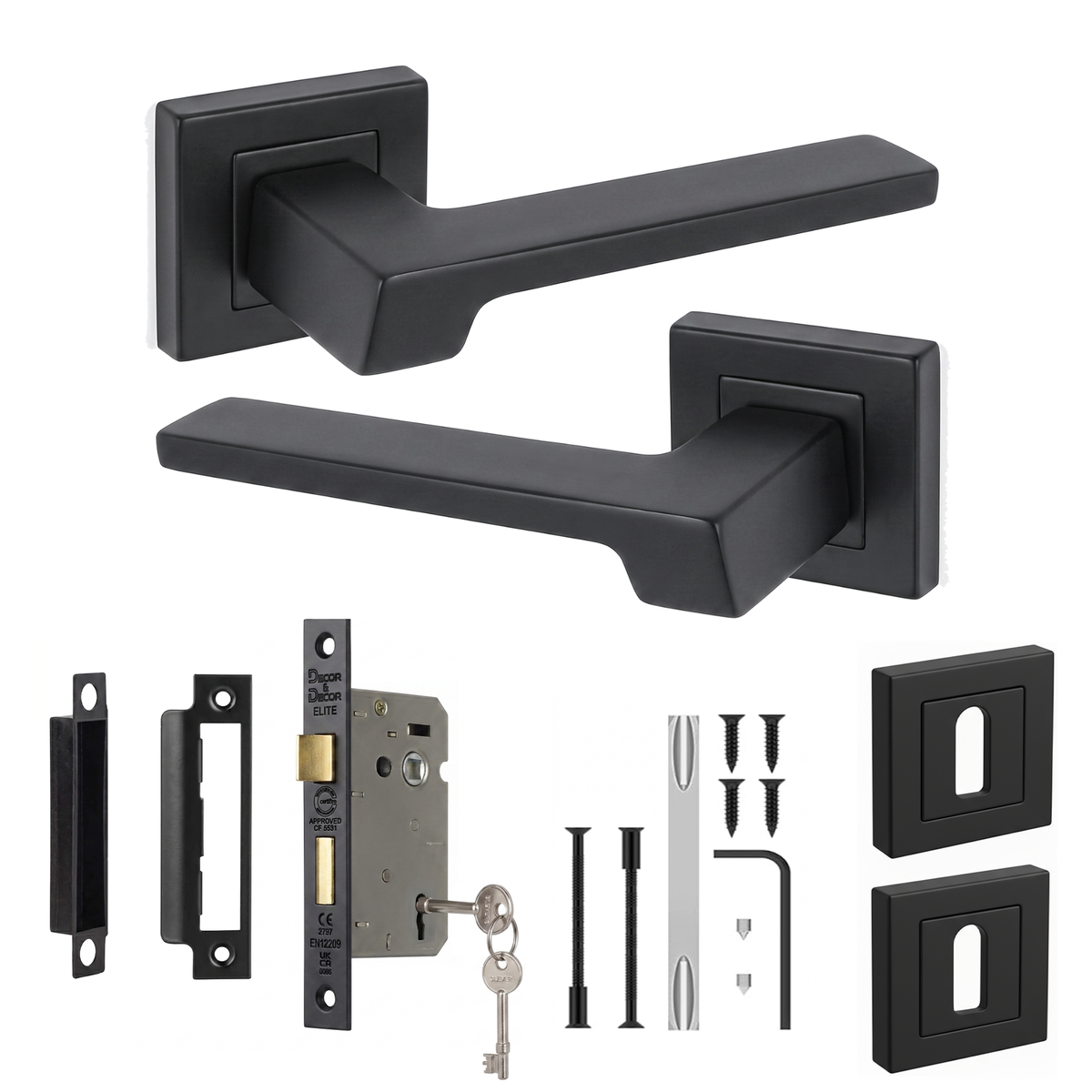 Spectra Matt Black Privacy Door Lever Handles - Sash Lock Kit 76mm