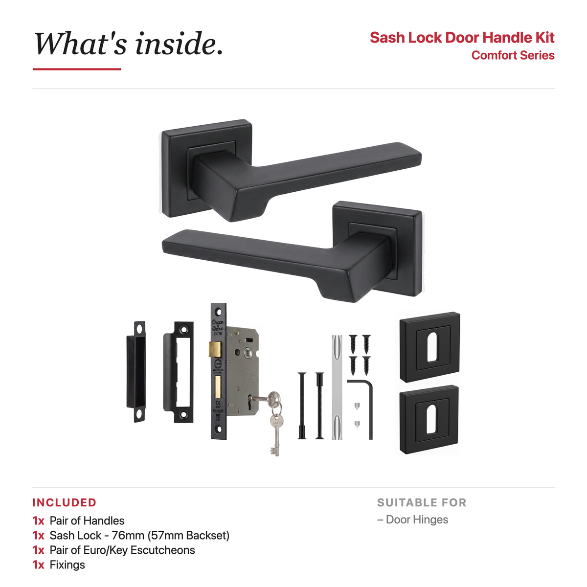 Spectra Matt Black Privacy Door Lever Handles – showing what's included in the box
