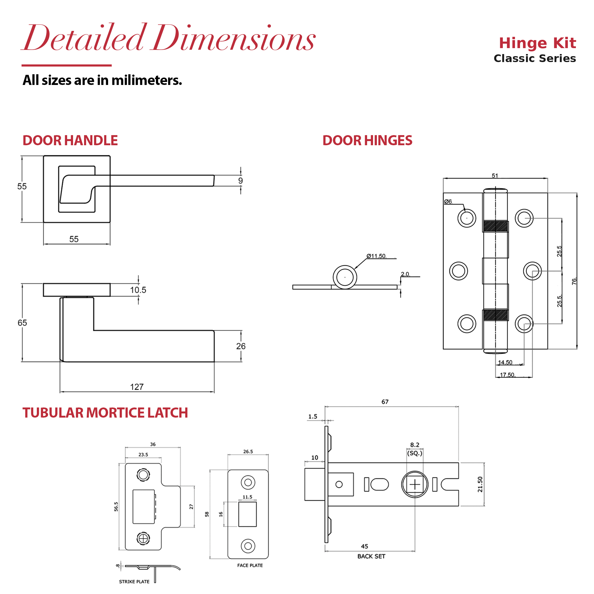 Spectra Matt Black Door Handles – dimensions and measurements diagram