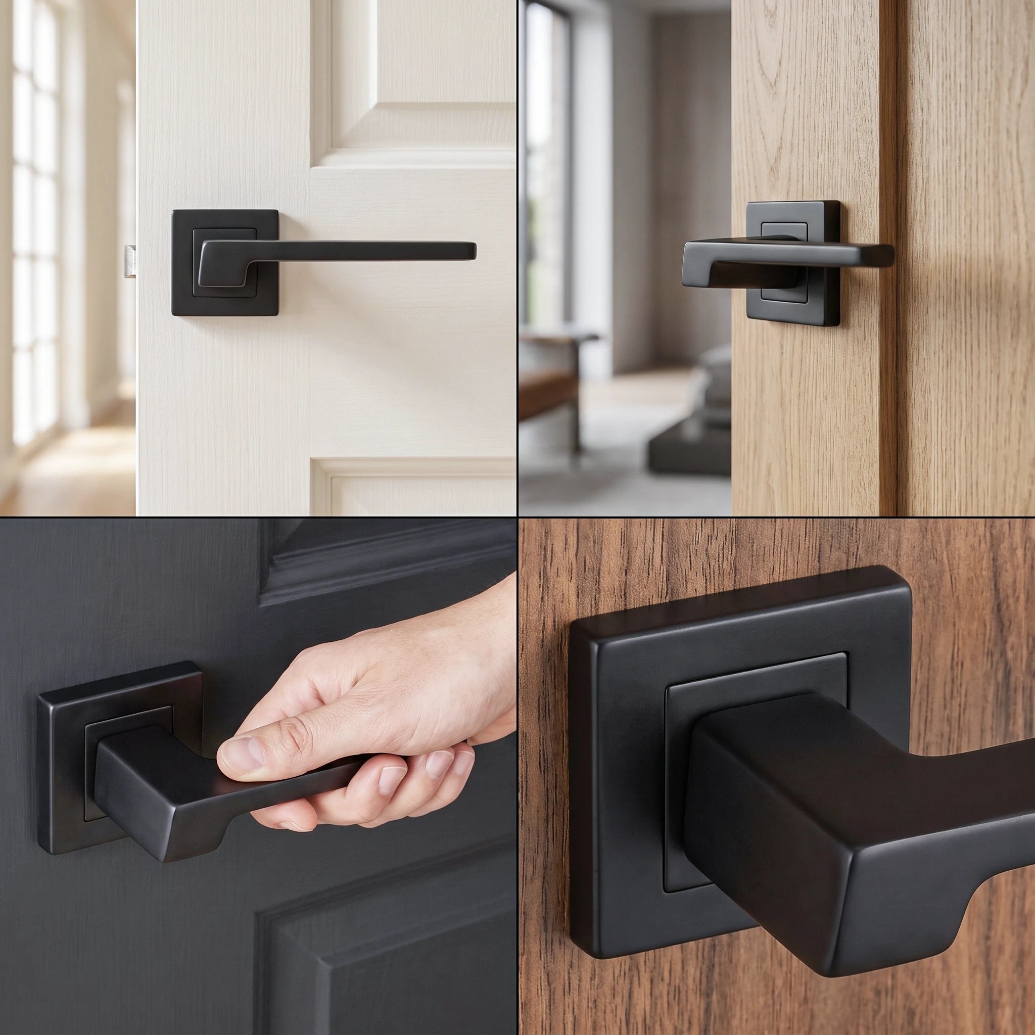 Spectra Matt Black Door Lever Handles – fitted on an interior door in a styled room setting