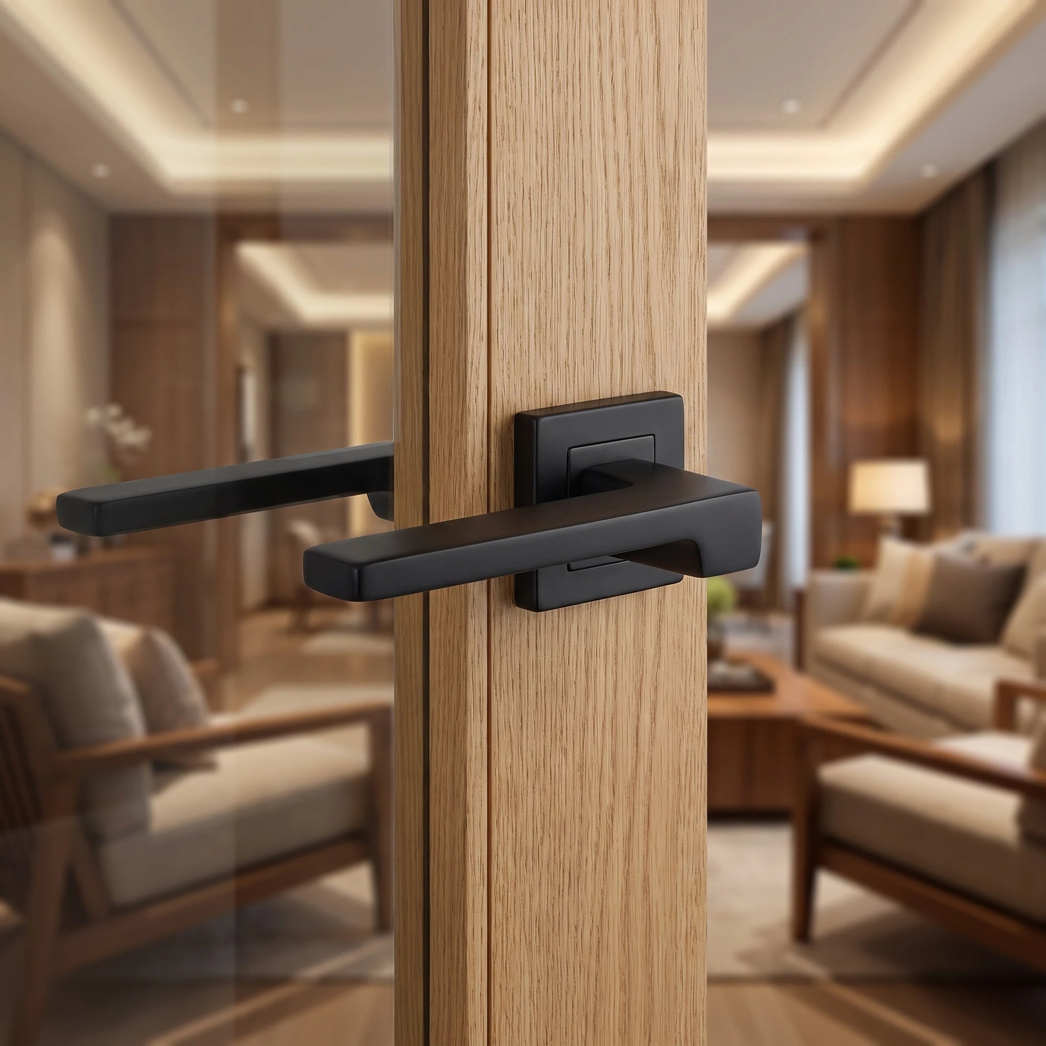 Spectra Matt Black Door Lever Handles – fitted on an interior door in a styled room setting 2