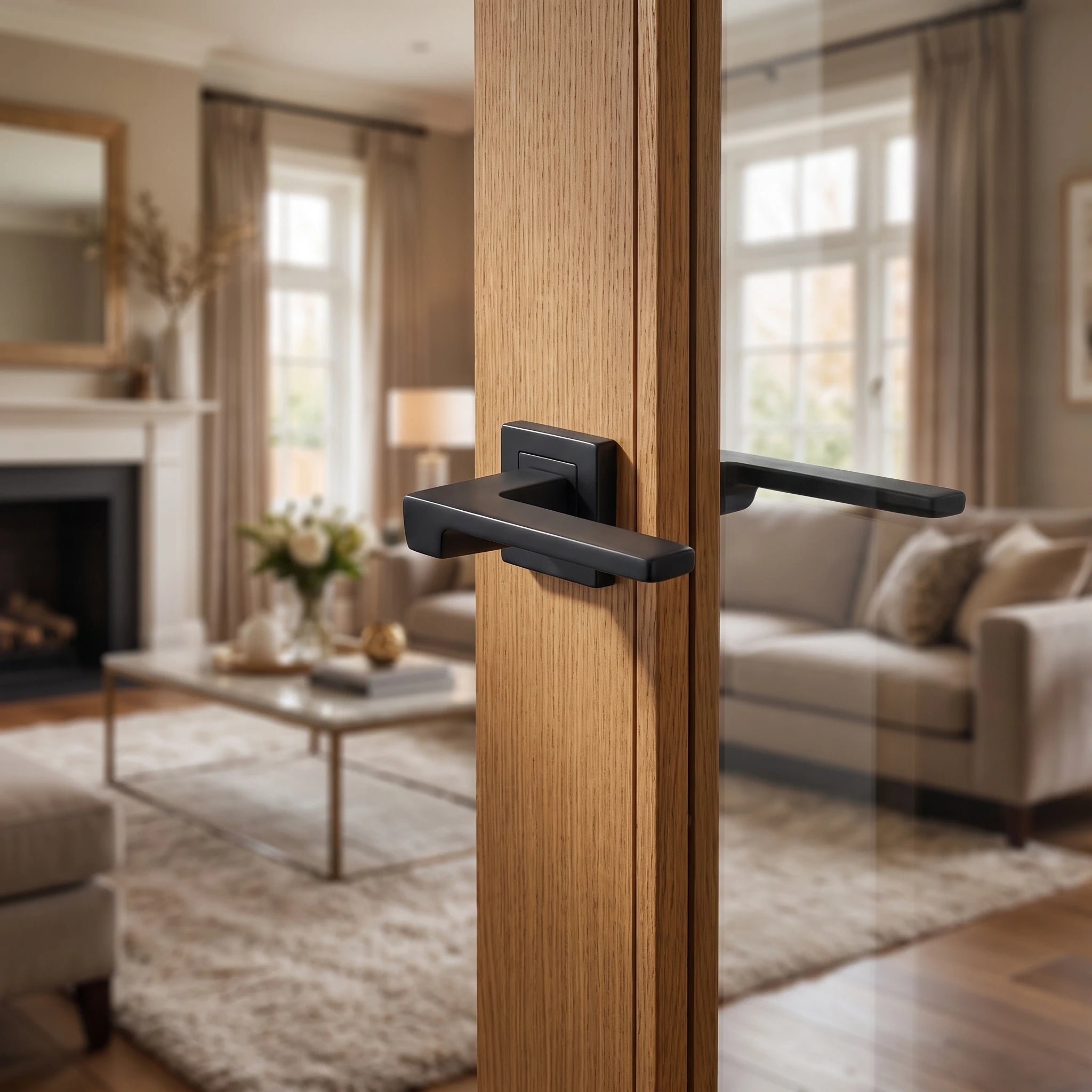 Spectra Matt Black Door Lever Handles – fitted on an interior door in a styled room setting 3