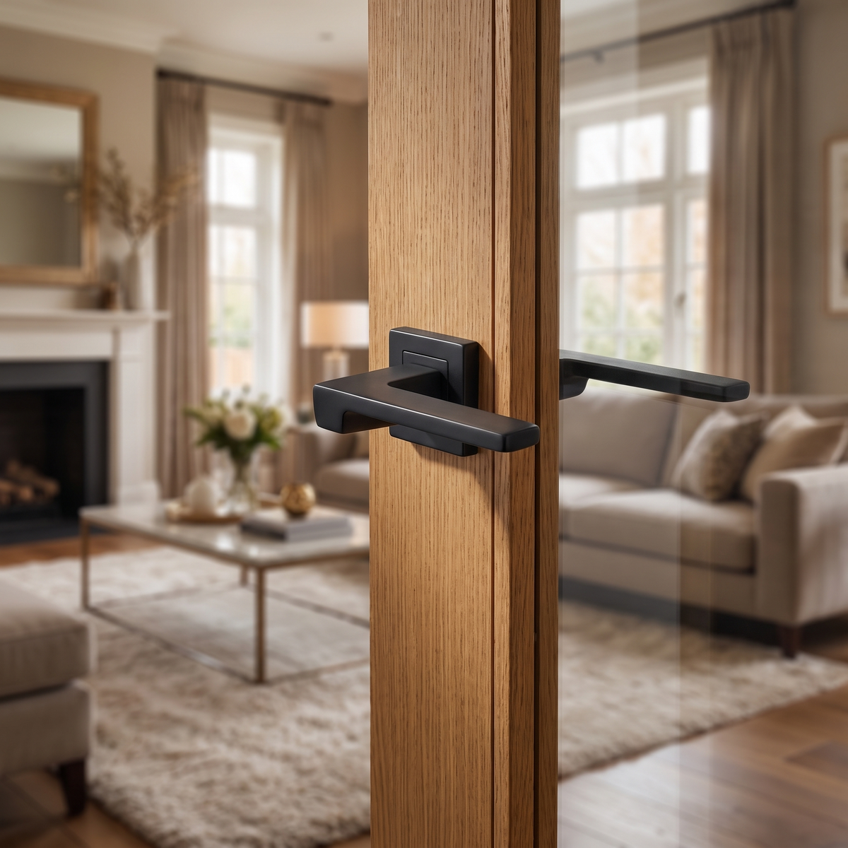 Spectra Matt Black Passage Door Lever Handles – fitted on an interior door in a styled room setting 3