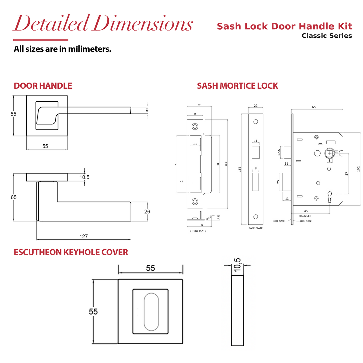 Spectra Matt Black Privacy Door Lever Handles – dimensions and measurements diagram