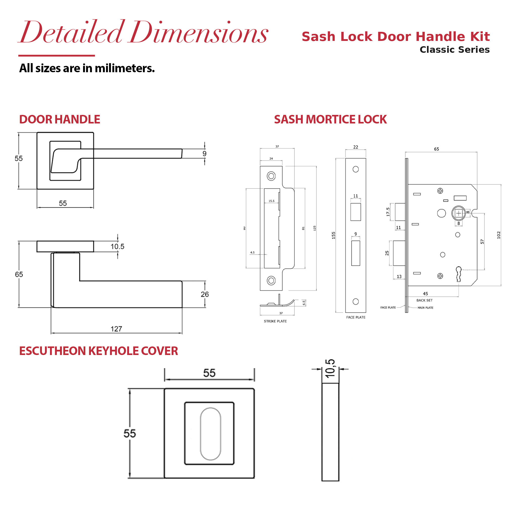 Spectra Matt Black Privacy Door Lever Handles – dimensions and measurements diagram