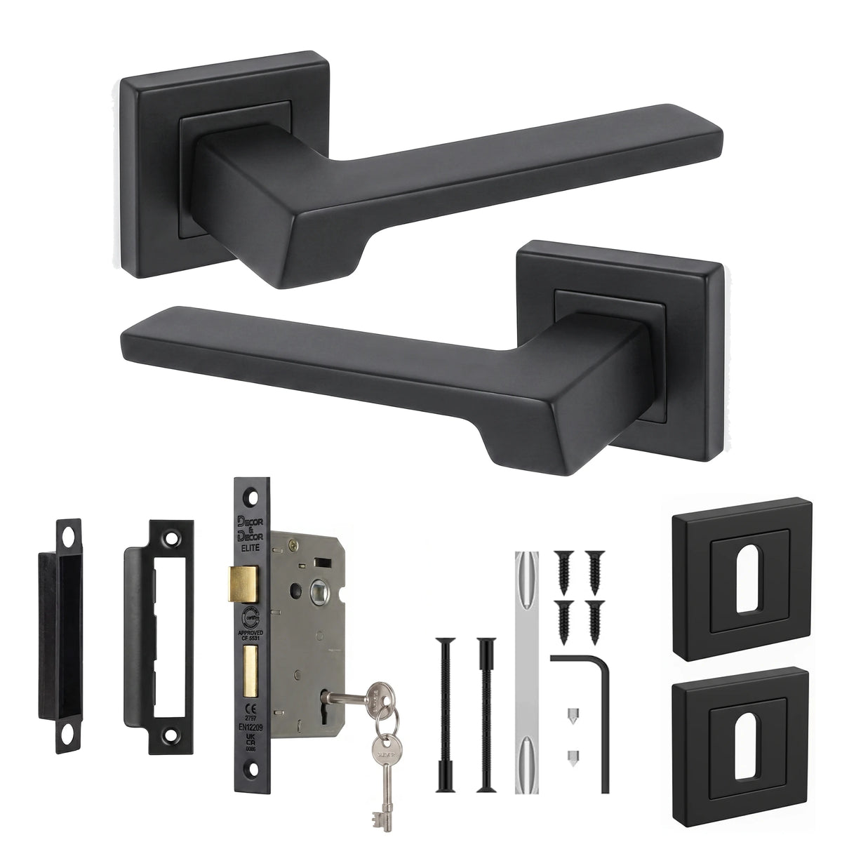 Spectra Matt Black Privacy Door Lever Handles - Sash Lock Kit Set