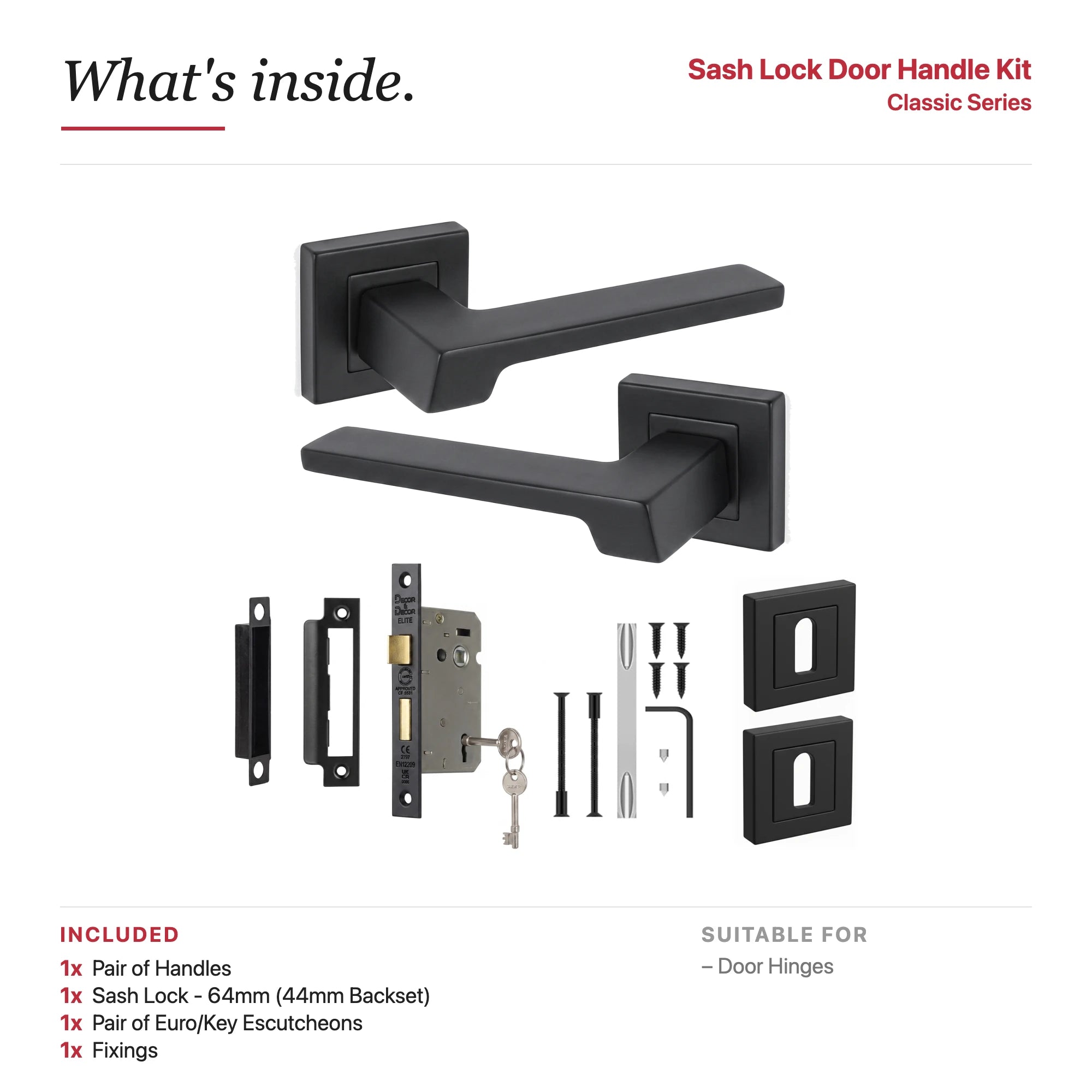 Spectra Matt Black Privacy Door Lever Handles – showing what's included in the box