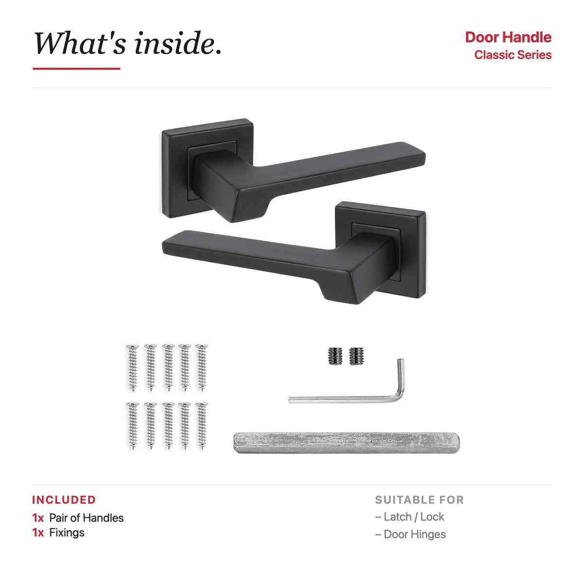 Spectra Matt Black Door Lever Handles – showing what's included in the box
