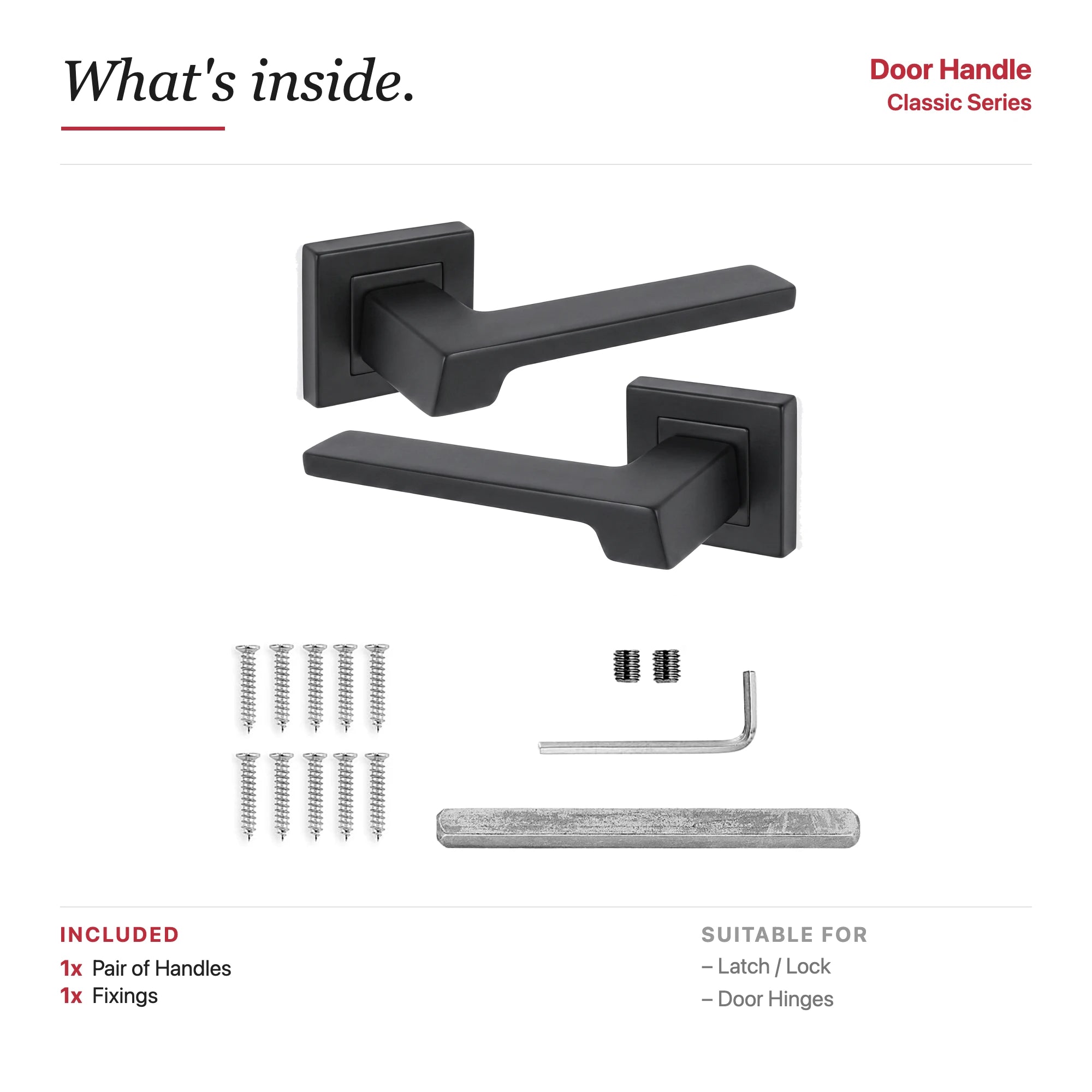 Spectra Matt Black Door Lever Handles – showing what's included in the box