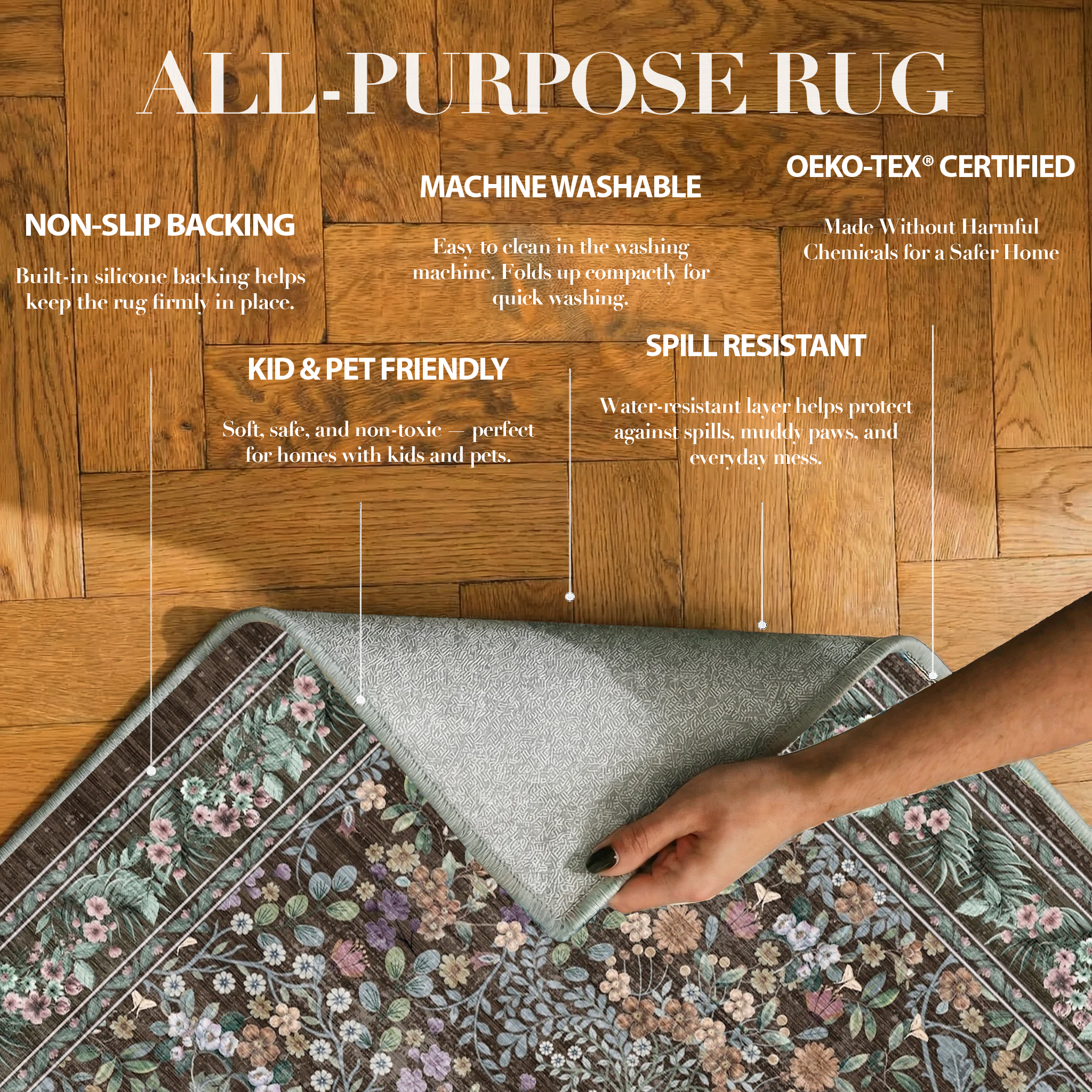 Orlina - Floral Washable Kitchen Rug - 80x150cm