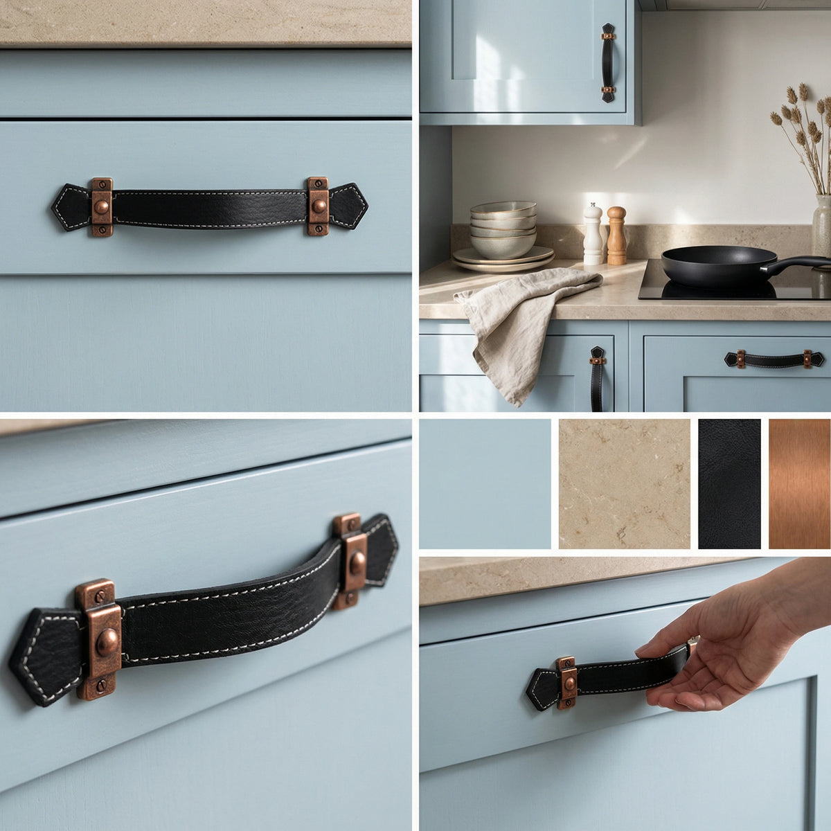 Leather Cabinet Pulls and Strap Handles To Match – in a styled room setting