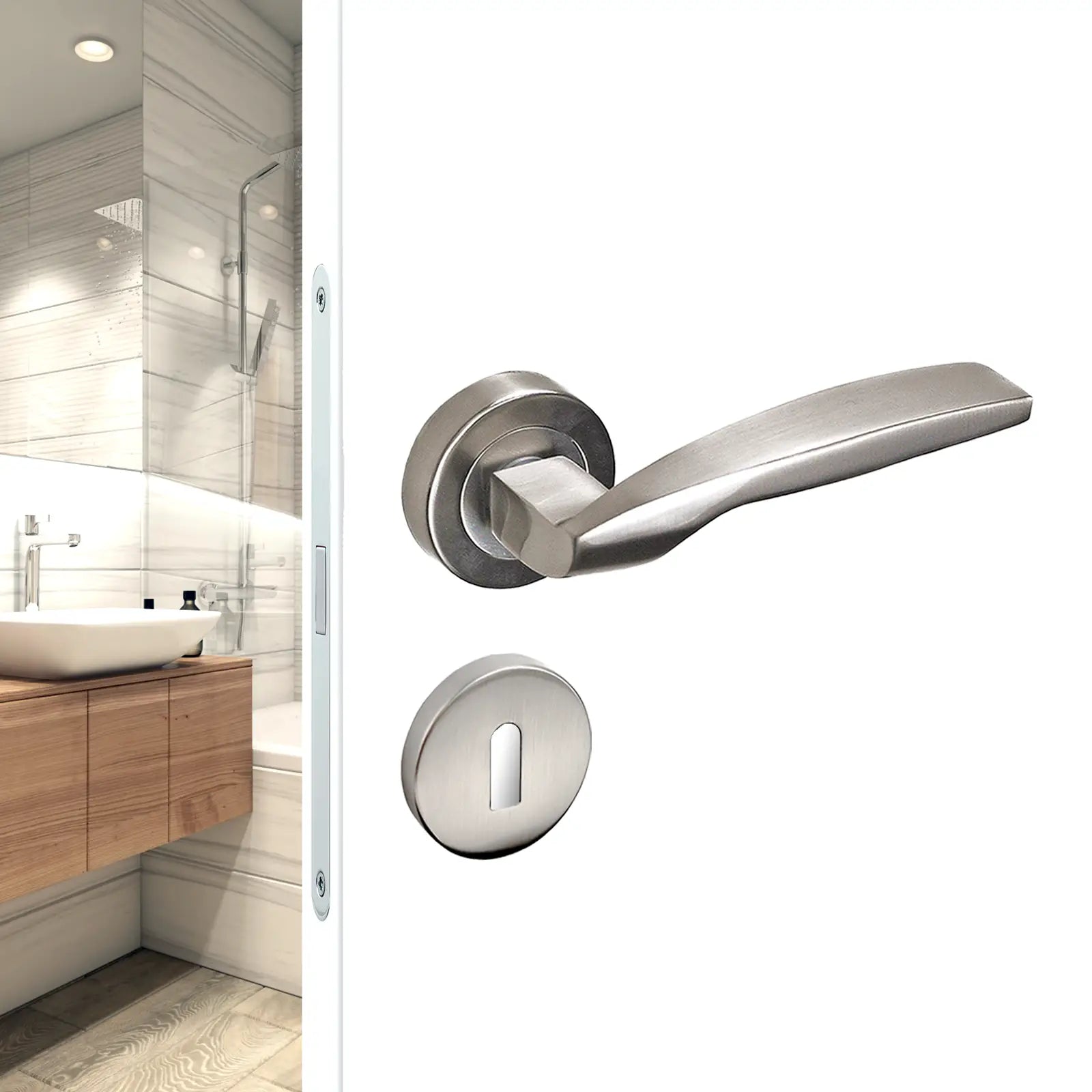Solitude Satin Nickel Privacy Door Lever Handles - Sash Lock Kit Set - Decor And Decor