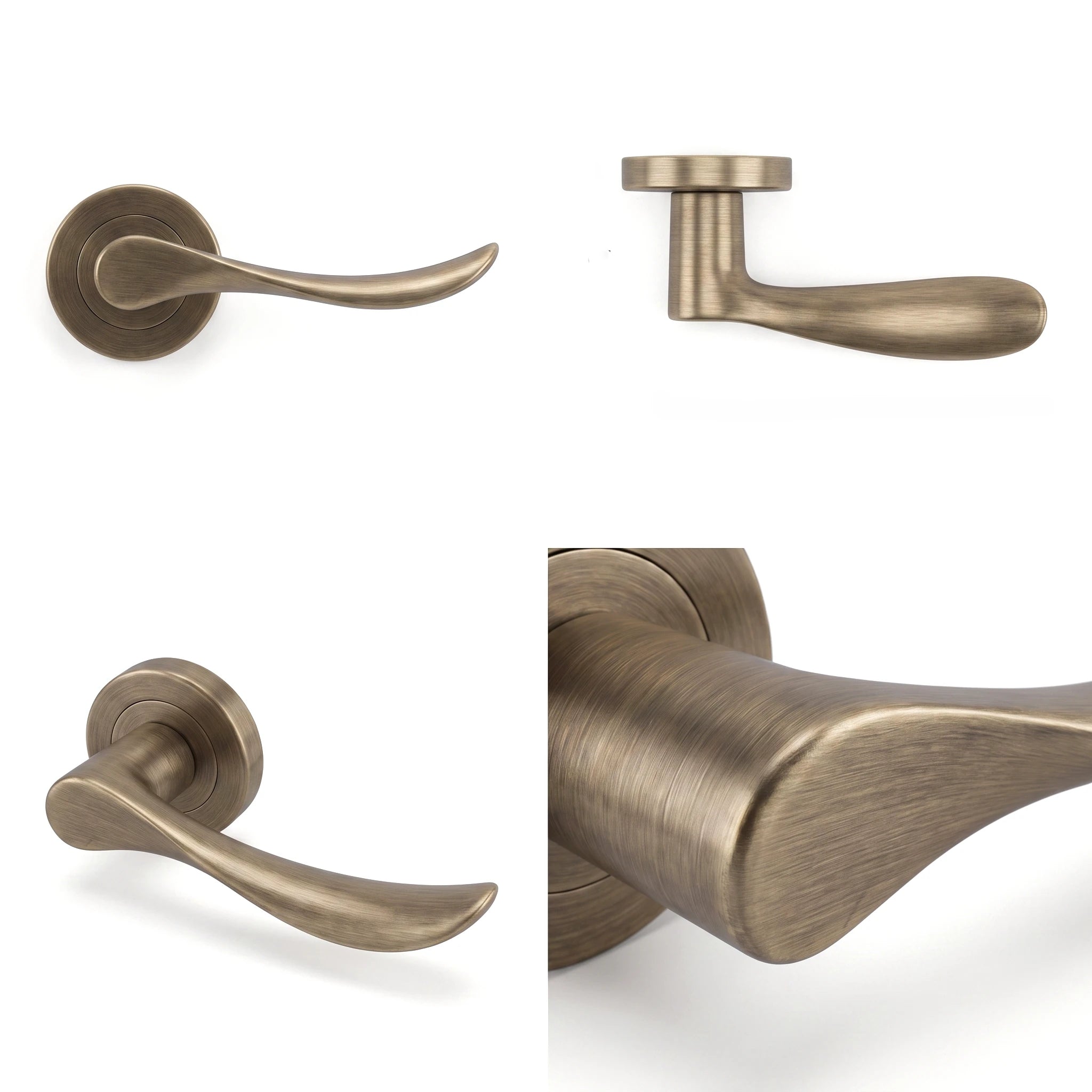 Nimbus Antique Brass Door Lever Handles – shown from multiple angles