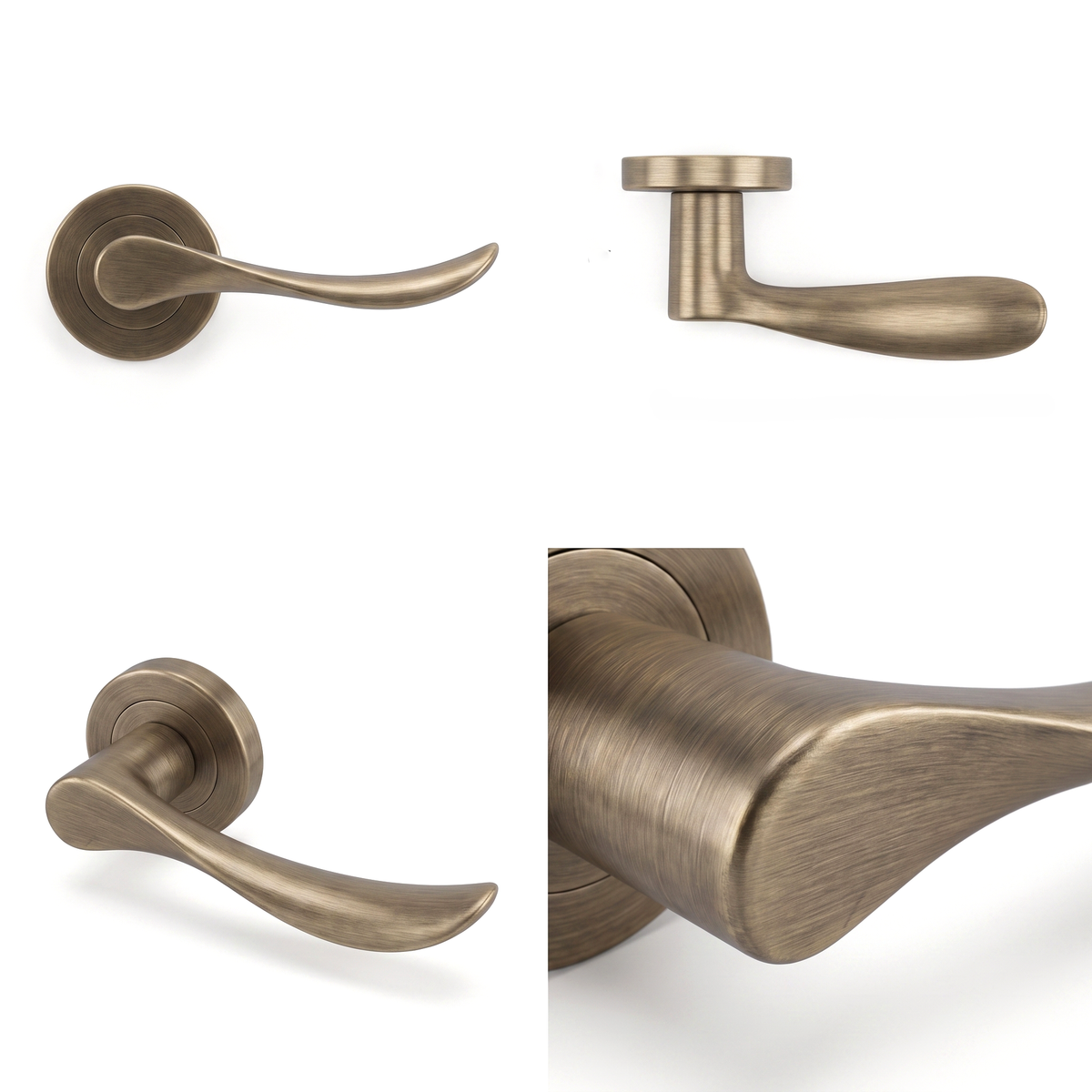 Nimbus Antique Brass Bathroom Door Lever Handles – shown from multiple angles