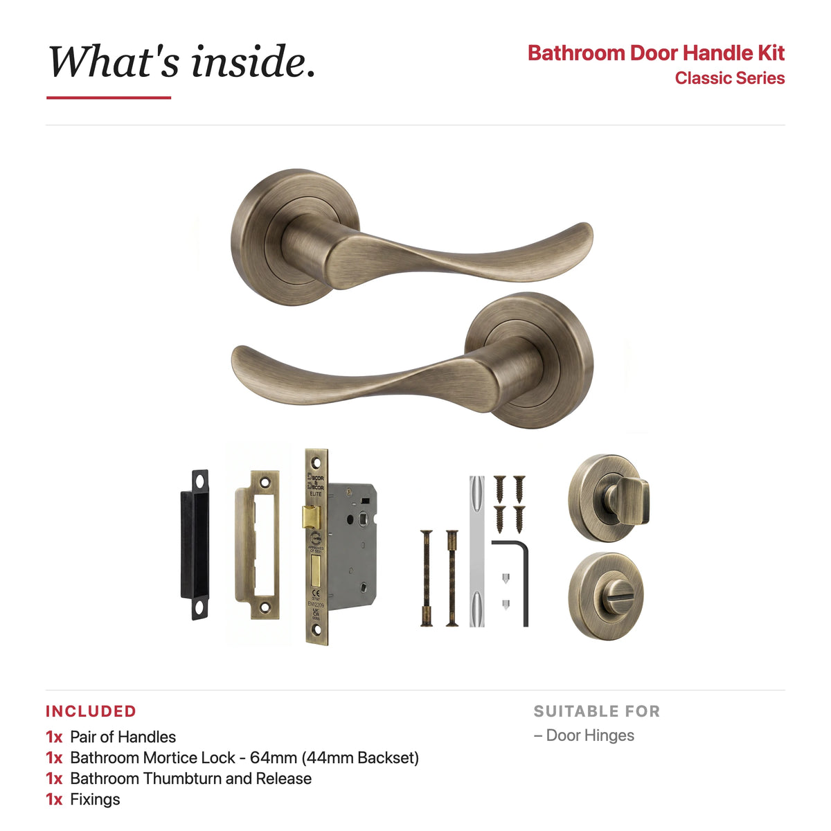 Nimbus Antique Brass Bathroom Door Lever Handles – showing what's included in the box