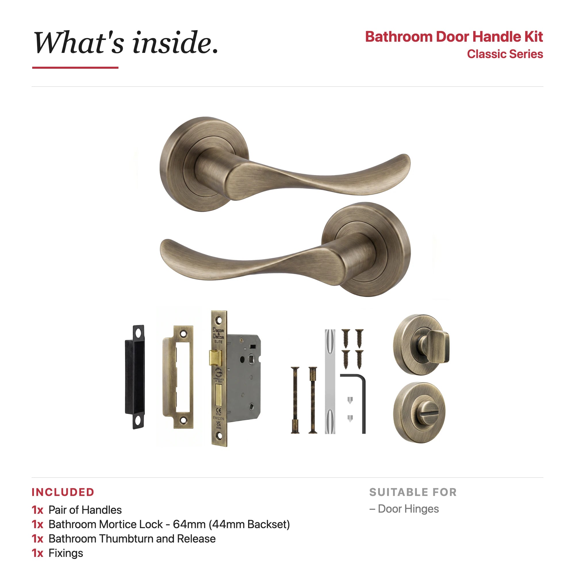 Nimbus Antique Brass Bathroom Door Lever Handles – showing what's included in the box