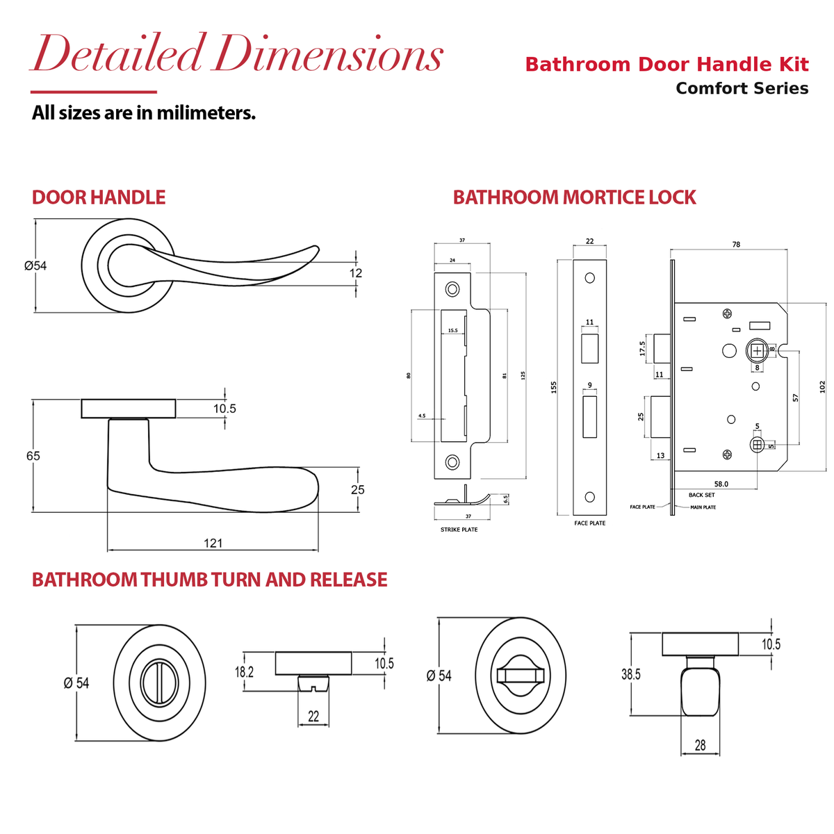 Nimbus Antique Brass Bathroom Door Lever Handles – dimensions and measurements diagram