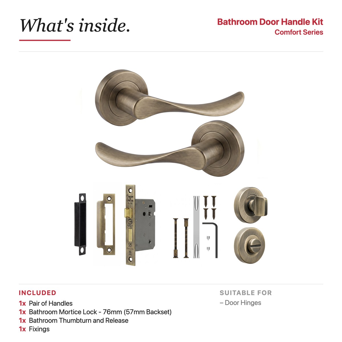 Nimbus Antique Brass Bathroom Door Lever Handles – showing what's included in the box