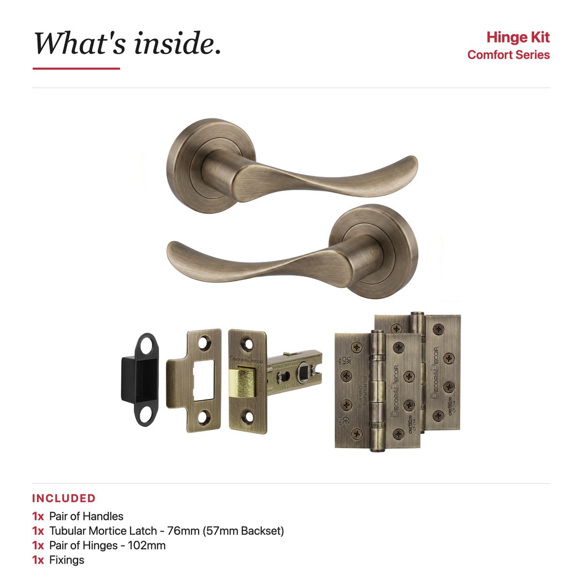 Nimbus Antique Brass Passage Door Lever Handles – showing what's included in the box