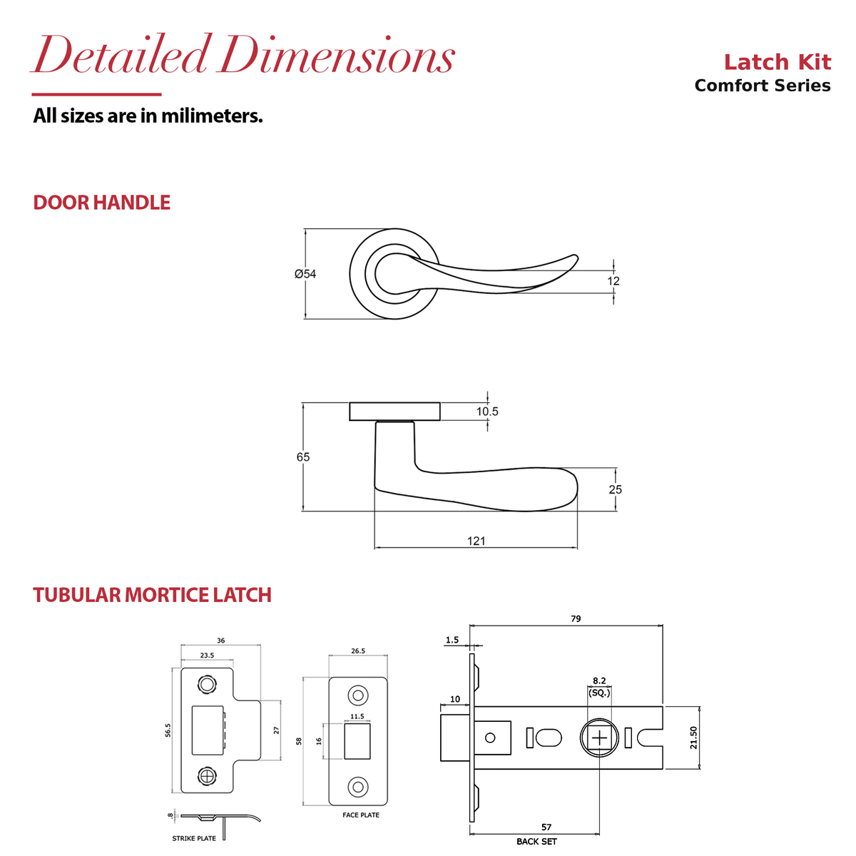 Nimbus Antique Brass Passage Door Lever Handles – dimensions and measurements diagram