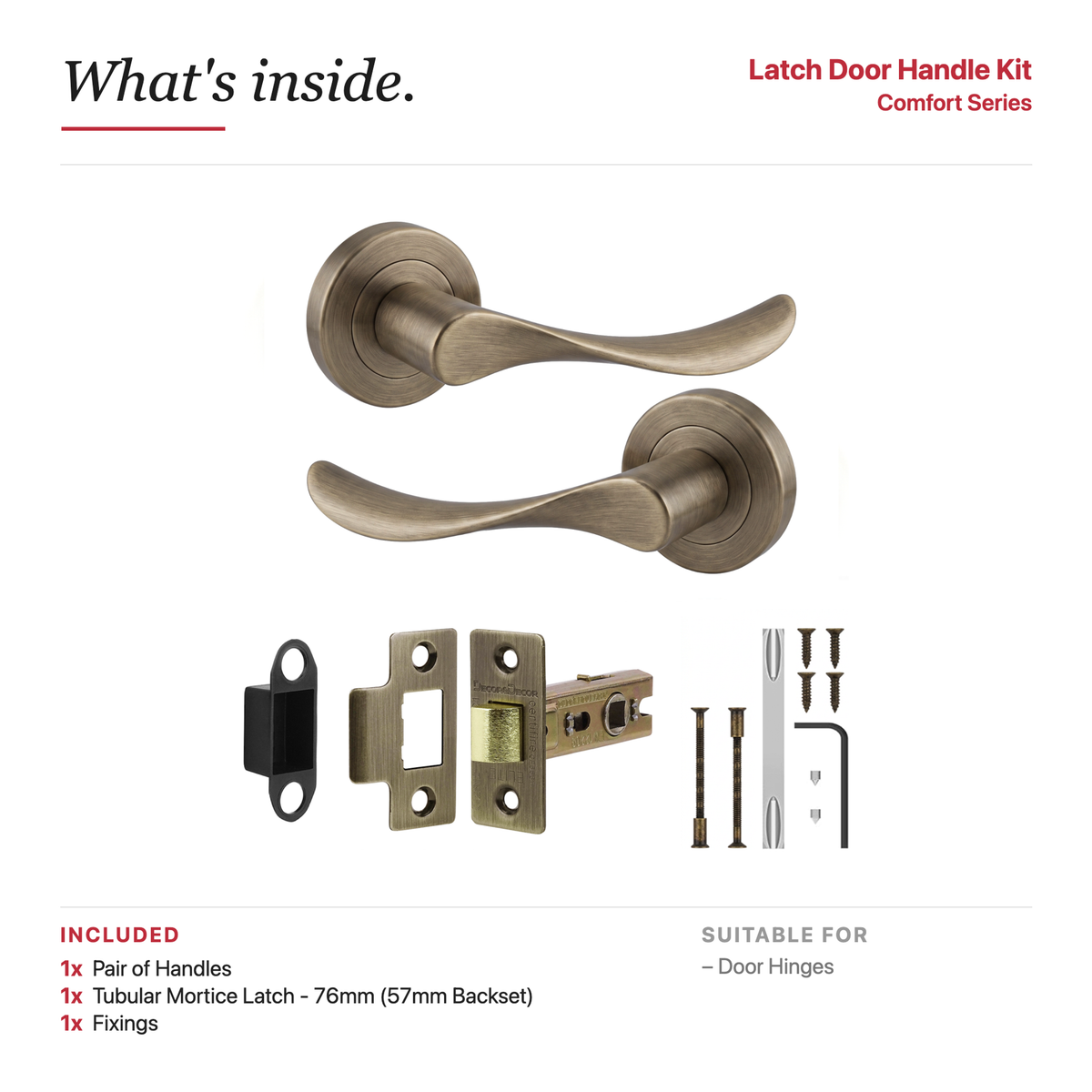 Nimbus Antique Brass Passage Door Lever Handles – showing what's included in the box