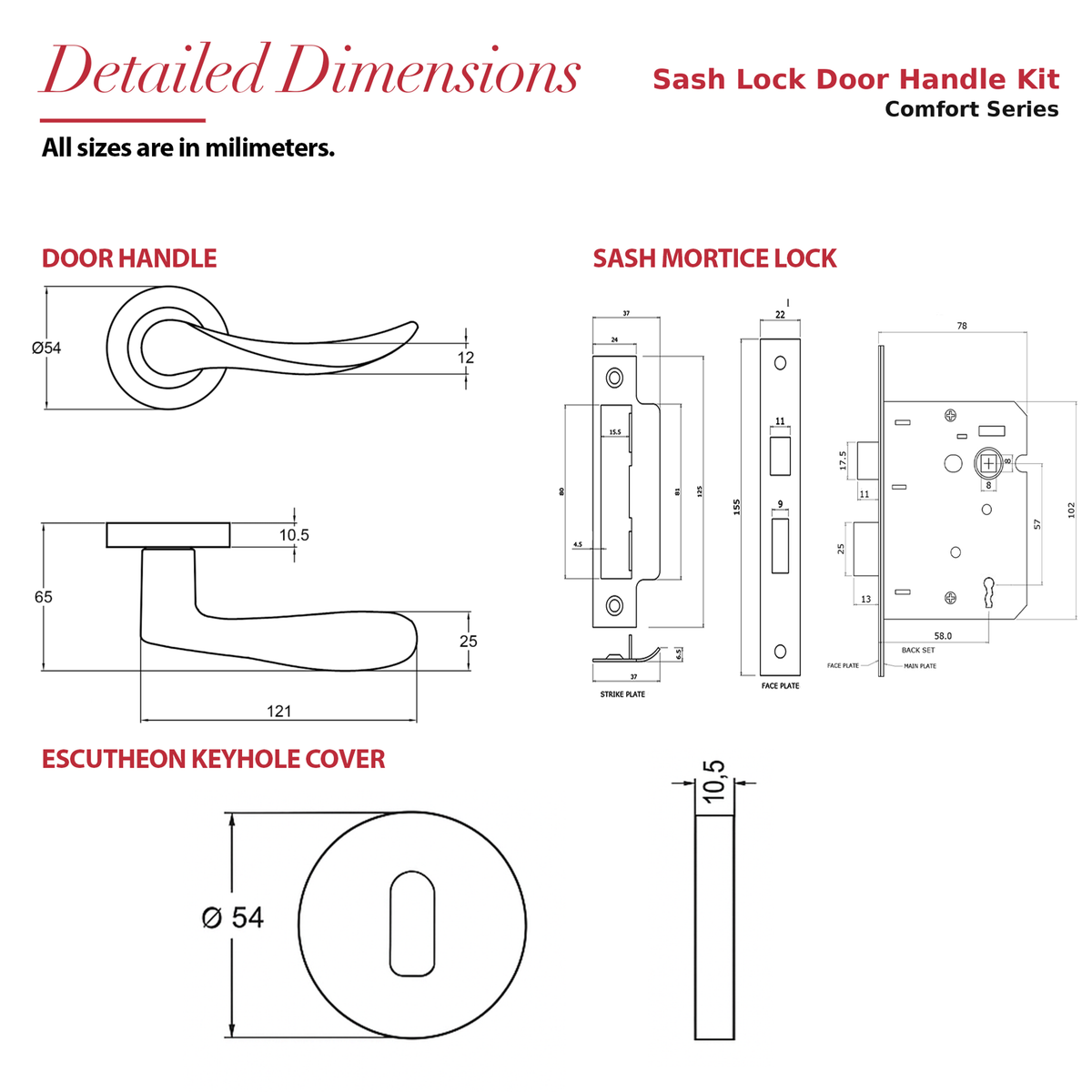 Nimbus Antique Brass Privacy Door Lever Handles – dimensions and measurements diagram