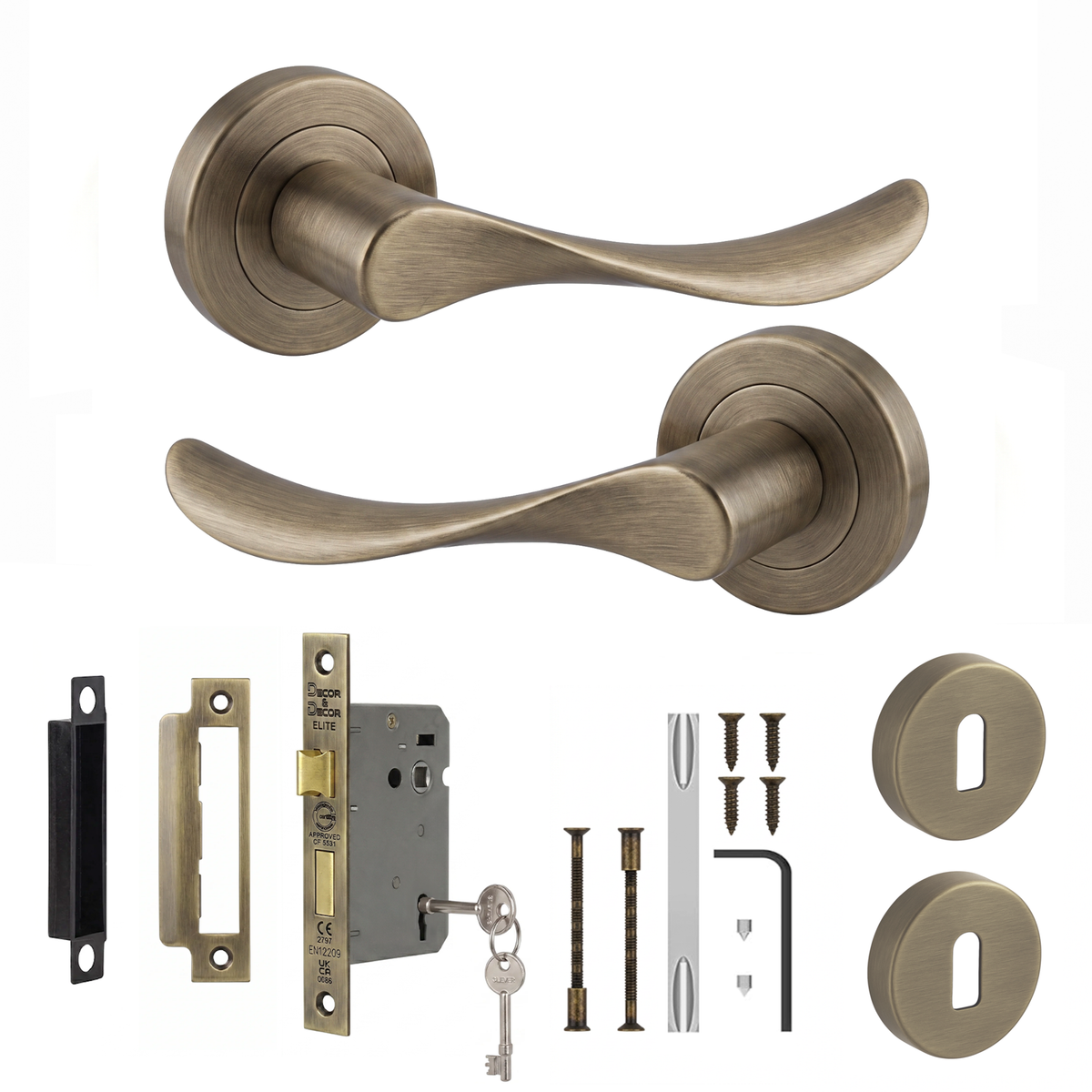 Nimbus Antique Brass Privacy Door Lever Handles - Sash Lock Kit 76mm