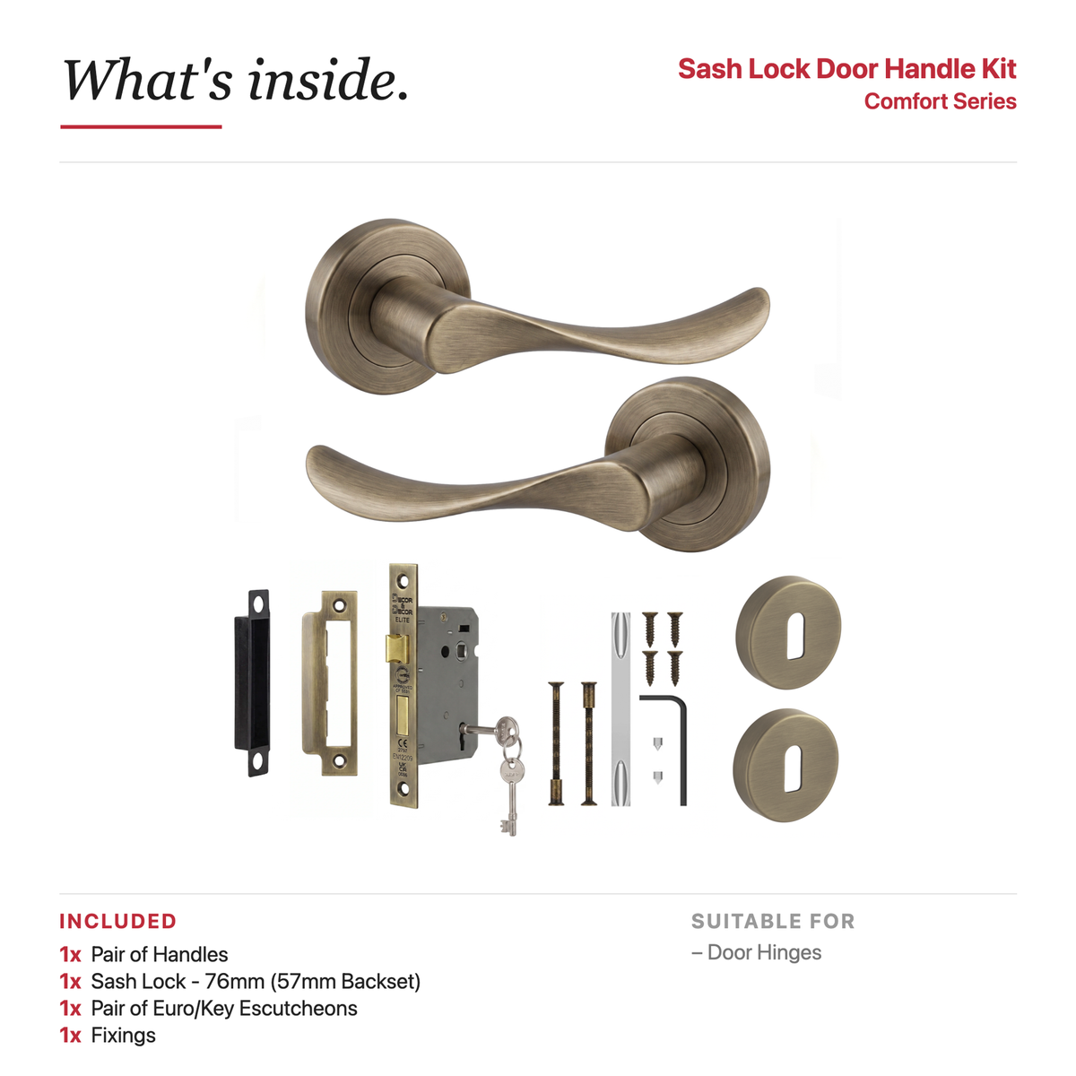 Nimbus Antique Brass Privacy Door Lever Handles – showing what's included in the box