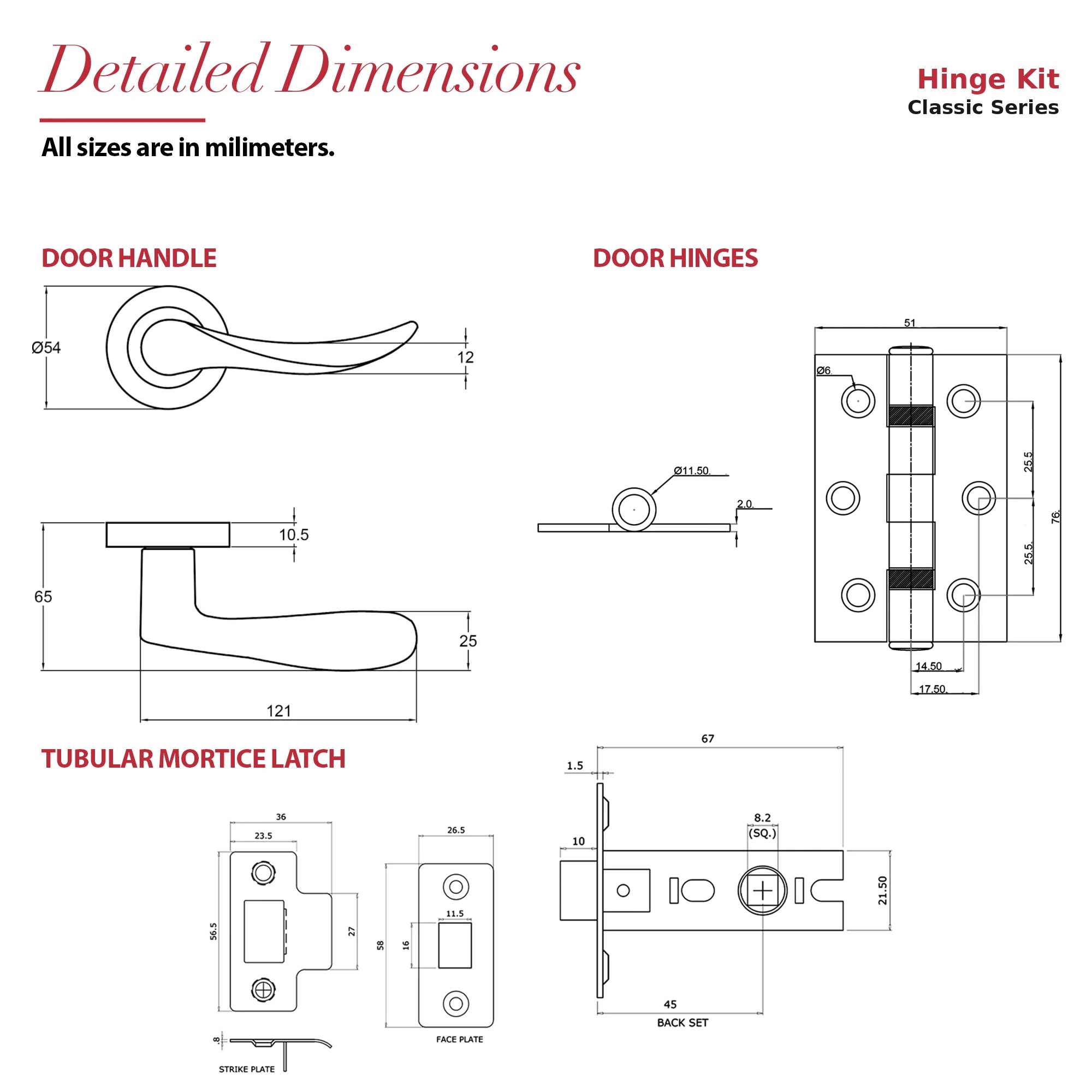 Nimbus Antique Brass Door Lever Handles – dimensions and measurements diagram