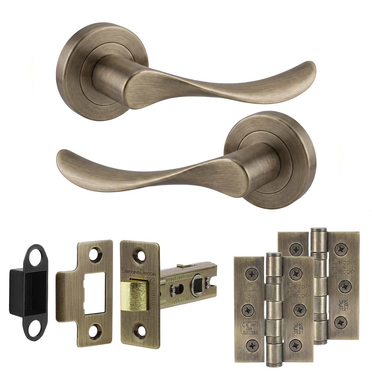 Nimbus Antique Brass Door Lever Handles - Latch And Hinge Set