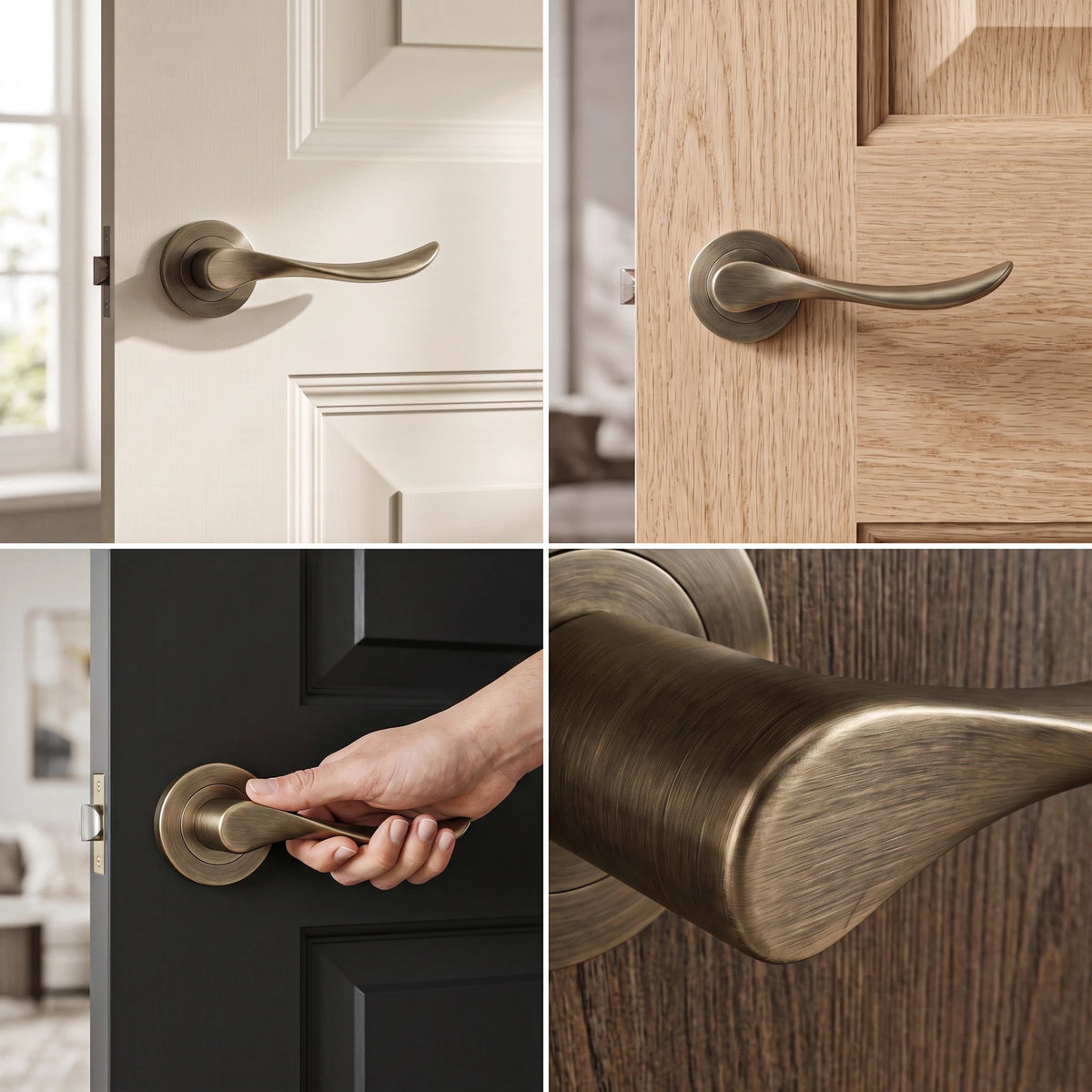 Nimbus Antique Brass Bathroom Door Lever Handles – fitted on an interior door in a styled room setting