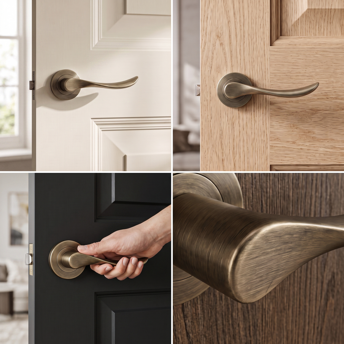 Nimbus Antique Brass Privacy Door Lever Handles – fitted on an interior door in a styled room setting