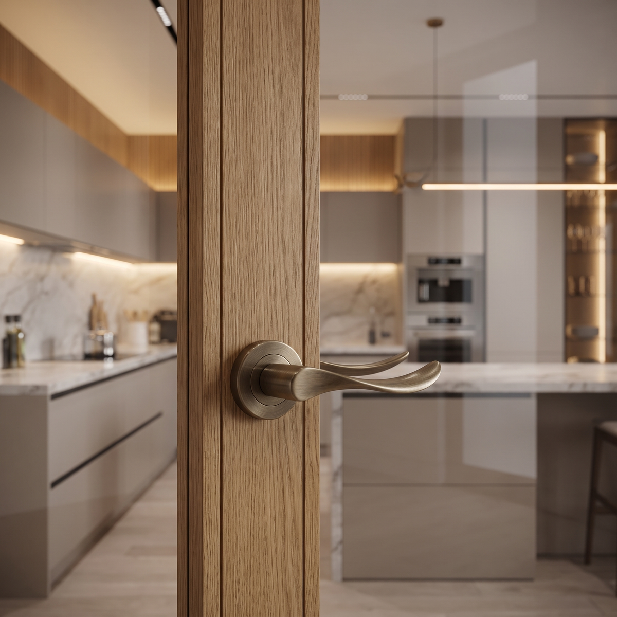 Nimbus Antique Brass Passage Door Lever Handles – fitted on an interior door in a styled room setting 2