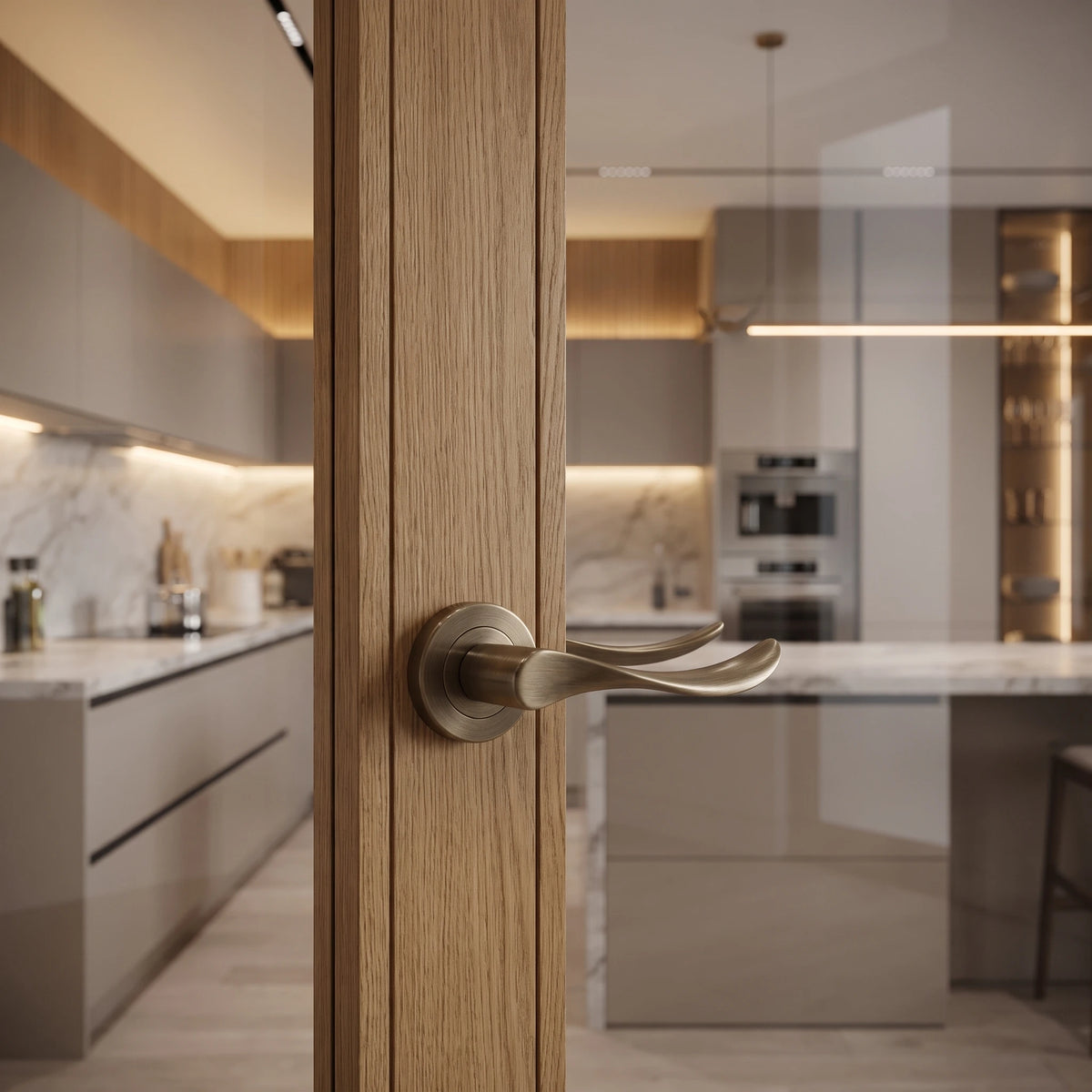 Nimbus Antique Brass Passage Door Lever Handles – fitted on an interior door in a styled room setting 2