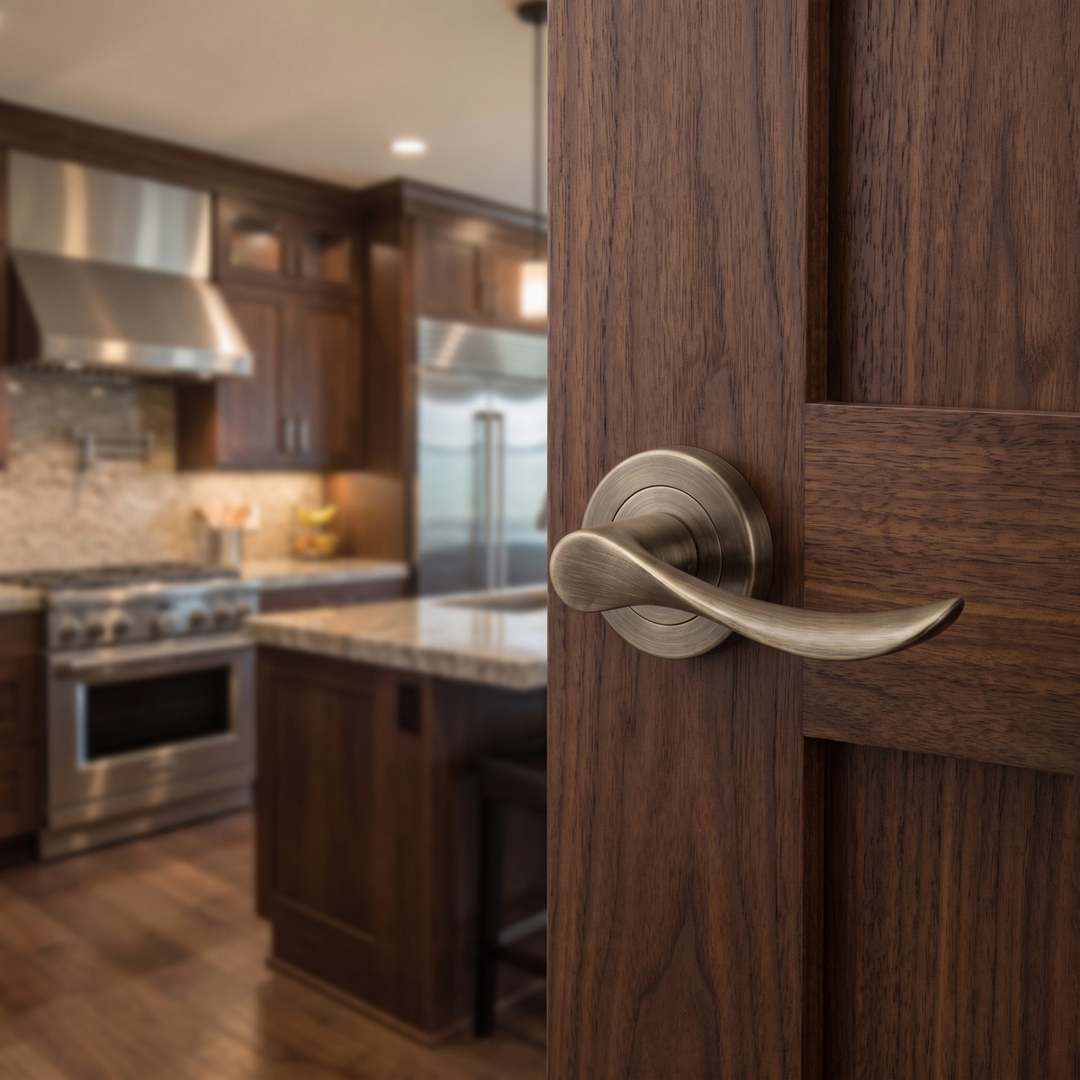 Nimbus Antique Brass Passage Door Lever Handles – fitted on an interior door in a styled room setting 3