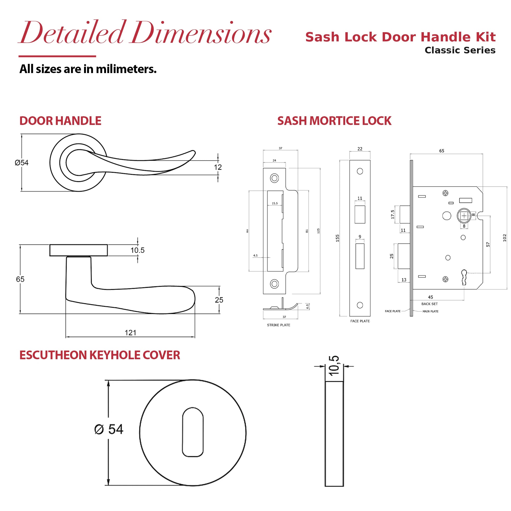 Nimbus Antique Brass Privacy Door Lever Handles – dimensions and measurements diagram