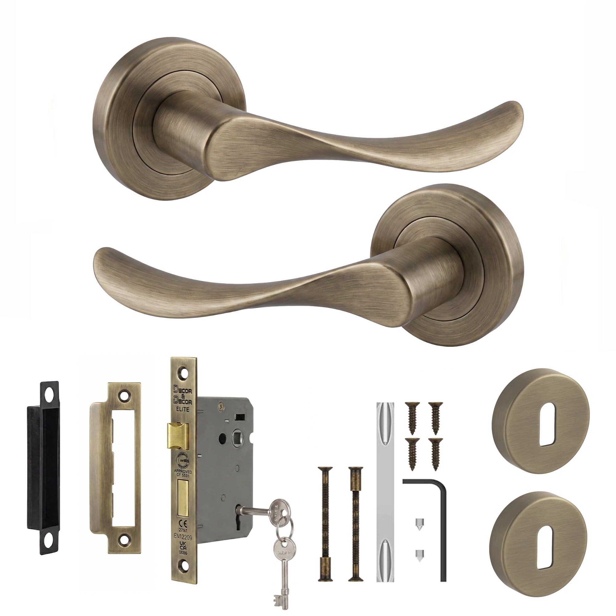 Nimbus Antique Brass Privacy Door Lever Handles - Sash Lock Kit Set