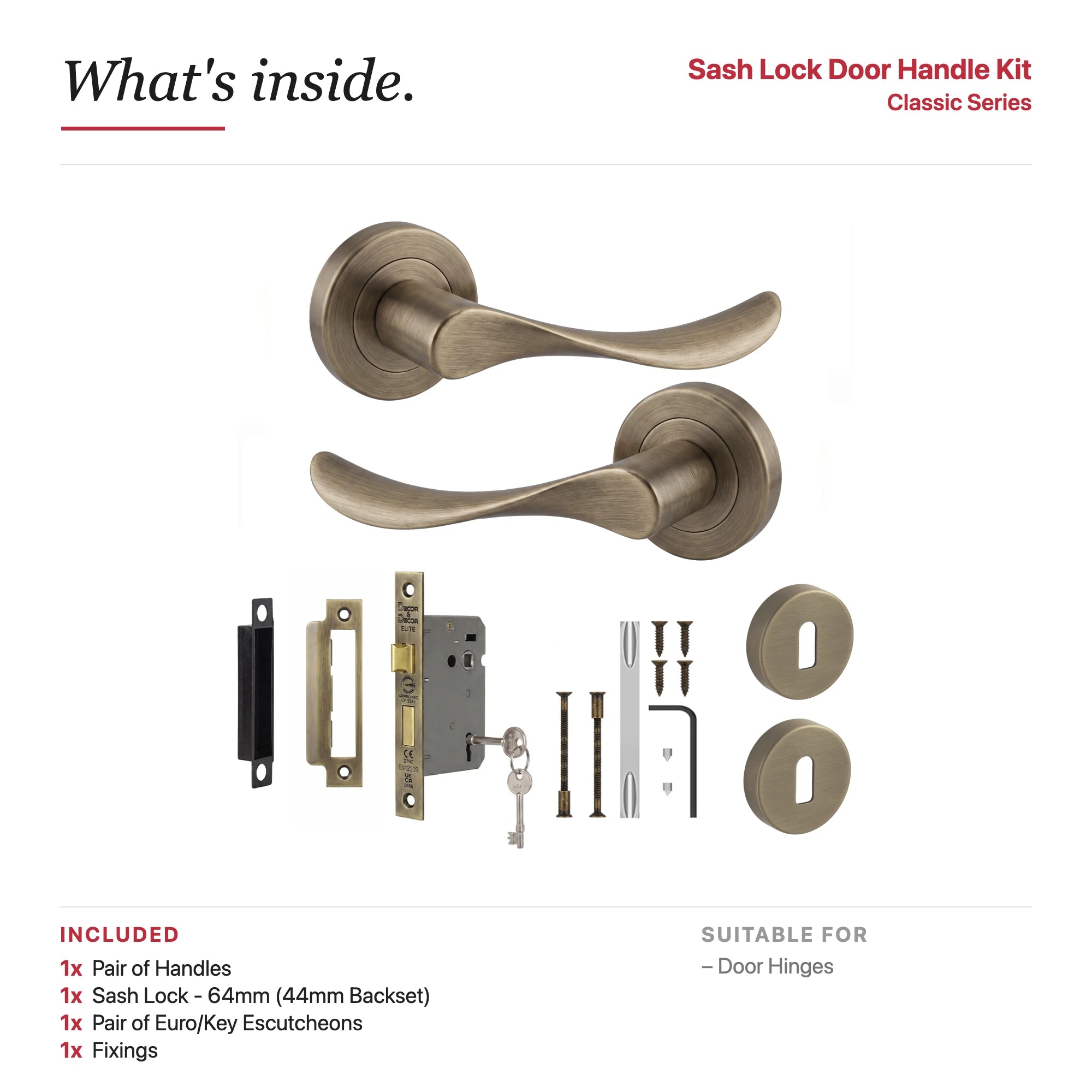 Nimbus Antique Brass Privacy Door Lever Handles – showing what's included in the box