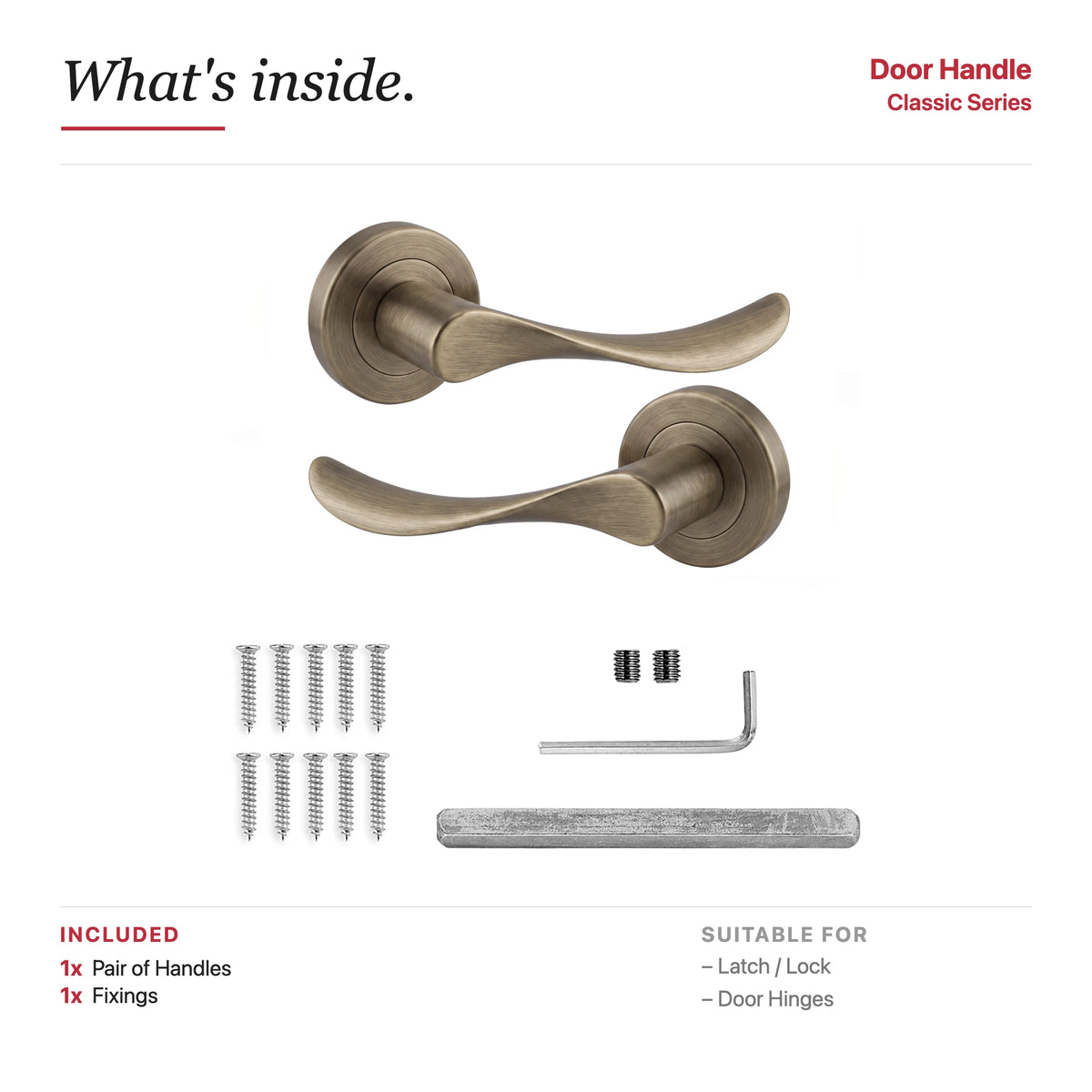 Nimbus Antique Brass Door Lever Handles – showing what's included in the box
