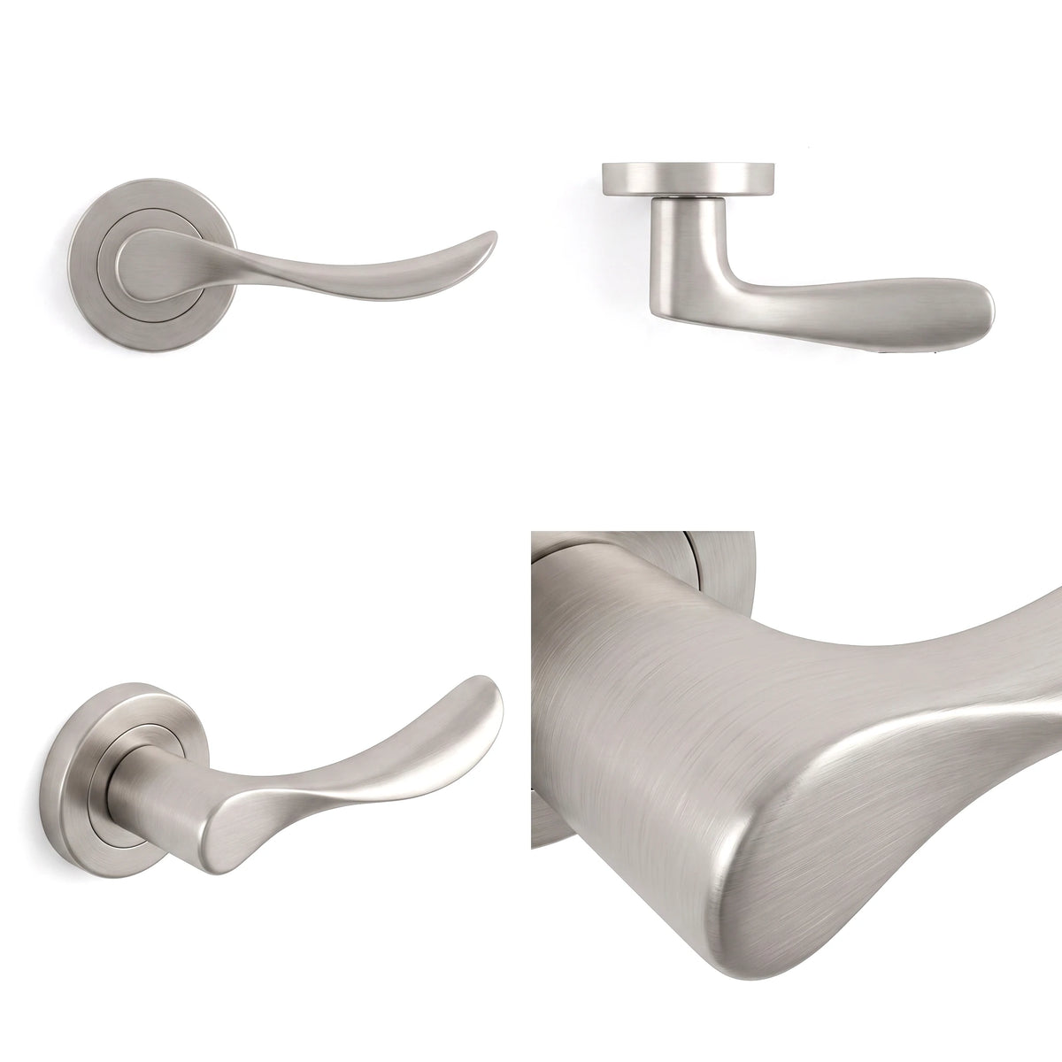 Nimbus Satin Nickel Door Lever Handles – shown from multiple angles
