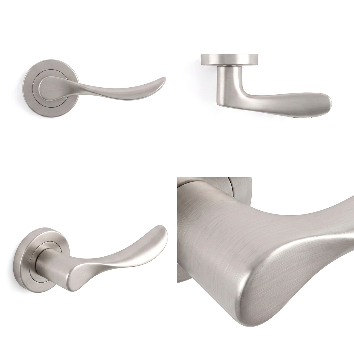 Nimbus Satin Nickel Bathroom Door Lever Handles – shown from multiple angles