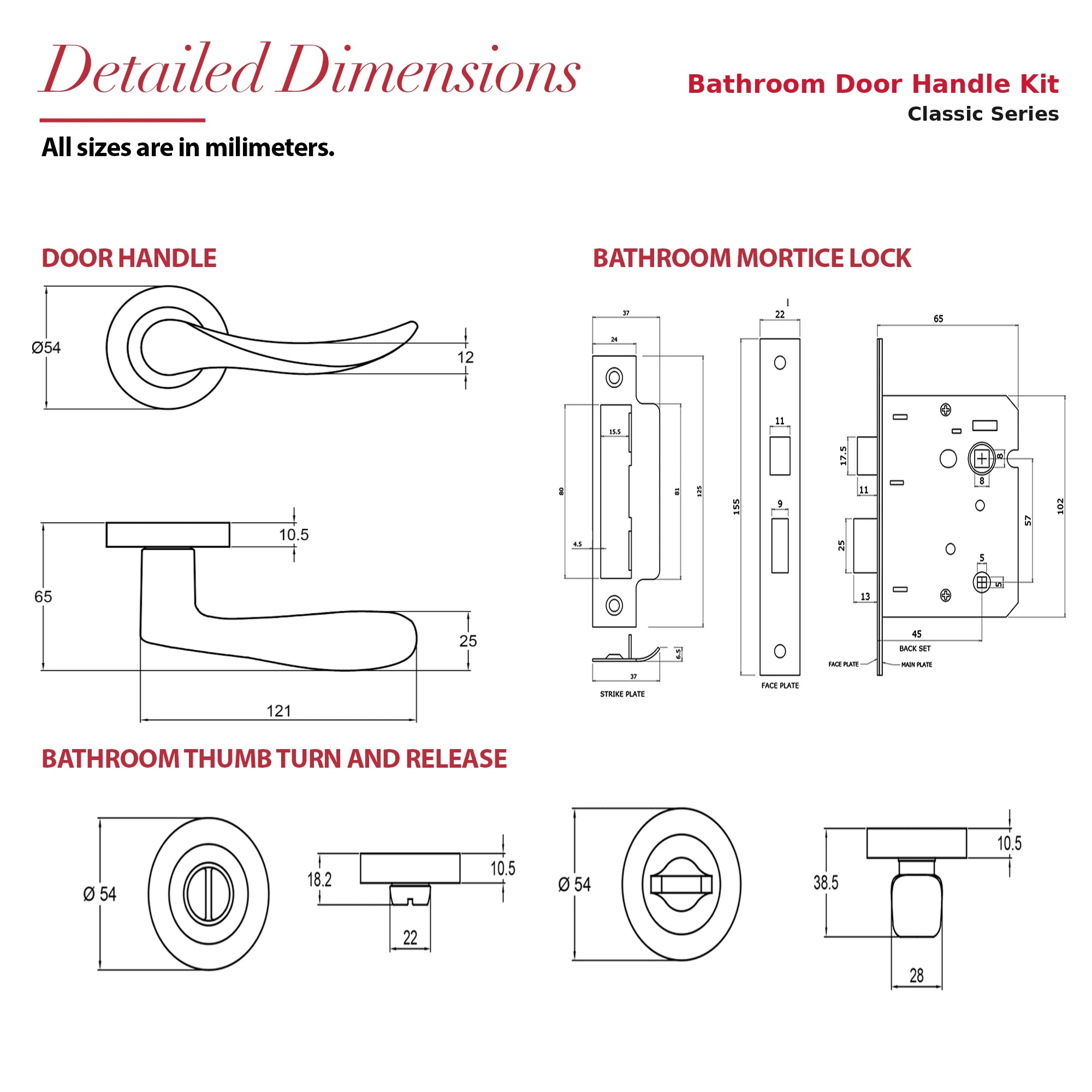 Nimbus Satin Nickel Bathroom Door Lever Handles- Bathroom Kit Set – dimensions and measurements diagram