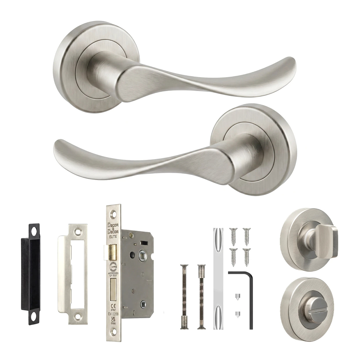 Nimbus Satin Nickel Bathroom Door Lever Handles- Bathroom Kit Set
