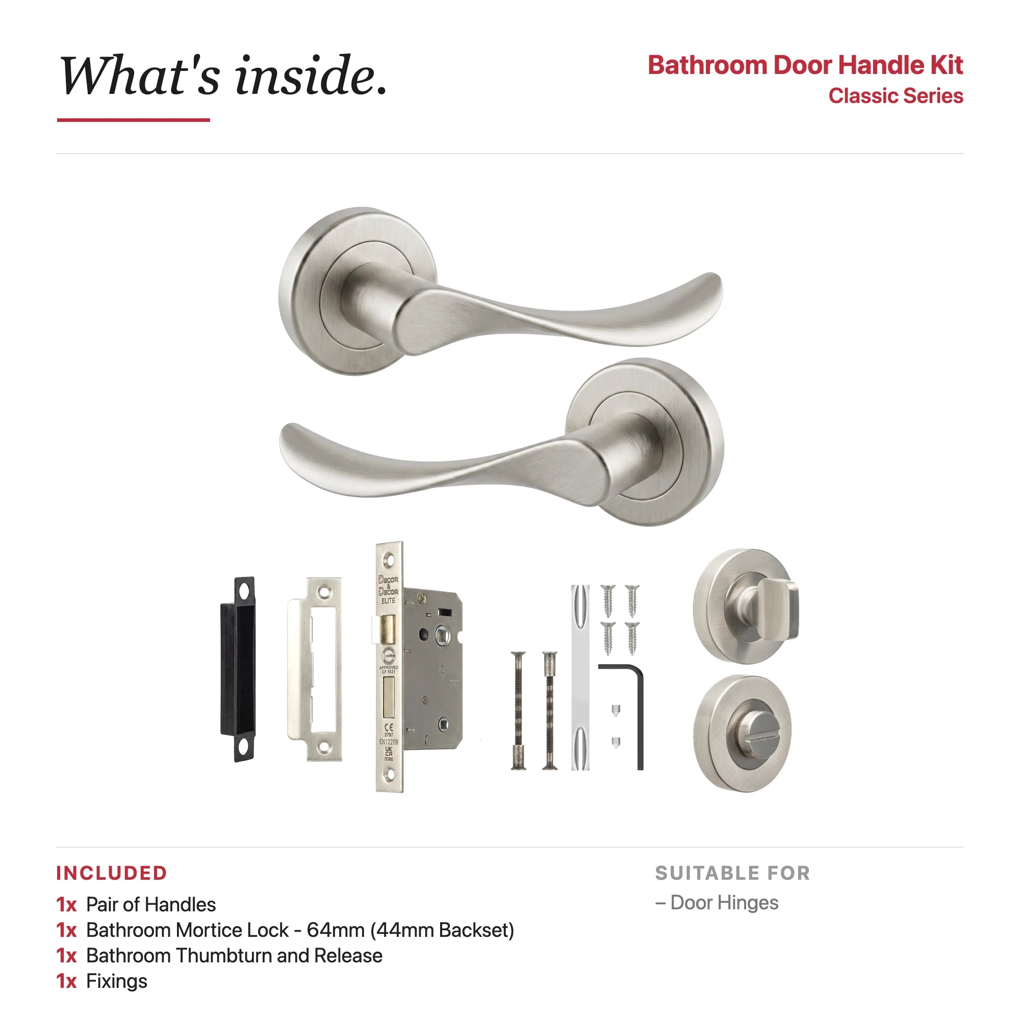 Nimbus Satin Nickel Bathroom Door Lever Handles- Bathroom Kit Set – showing what's included in the box
