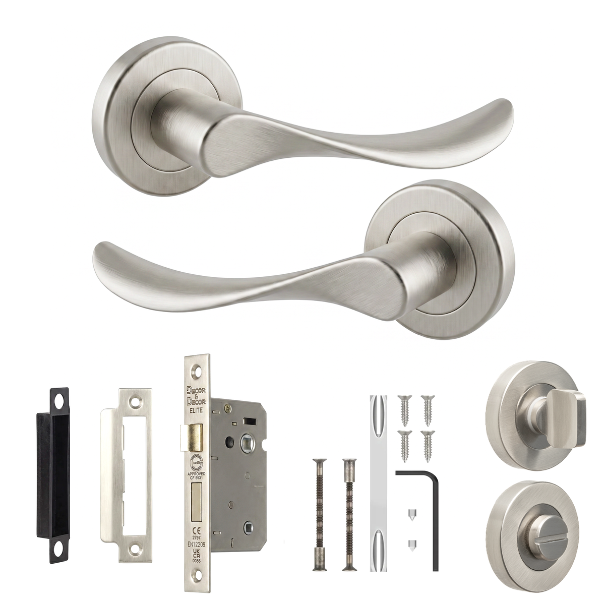 Nimbus Satin Nickel Bathroom Door Lever Handles - Bathroom Kit 76mm