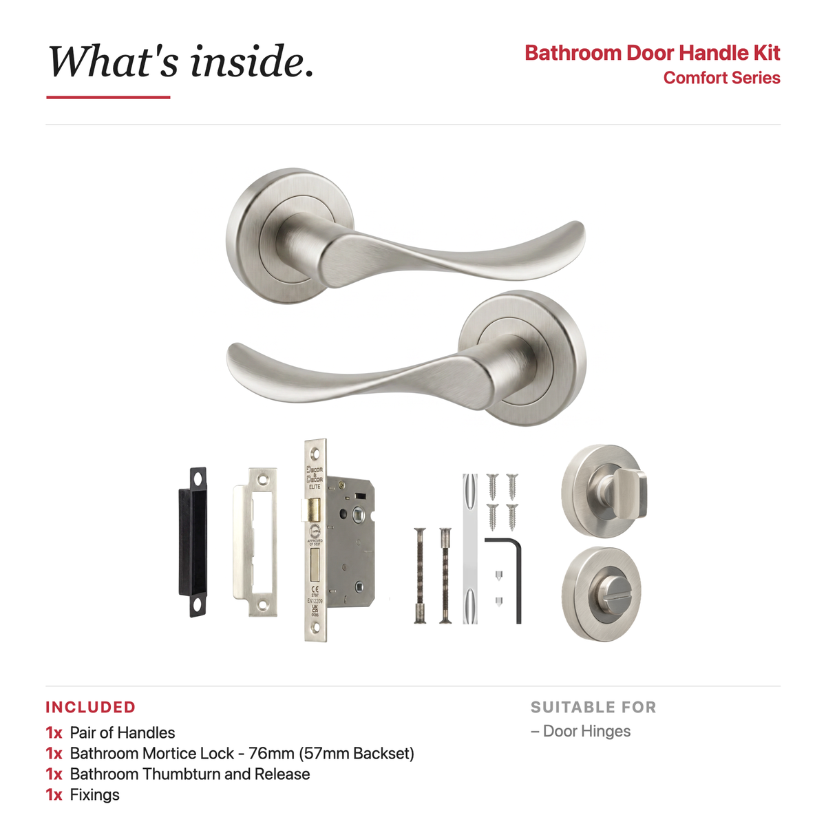 Nimbus Satin Nickel Bathroom Door Lever Handles – showing what's included in the box