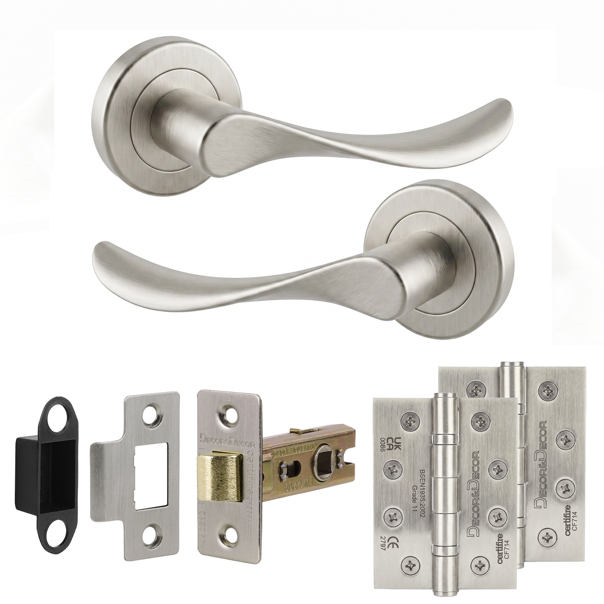 Nimbus Satin Nickel Passage Door Lever Handles - Hinge Kit 102mm