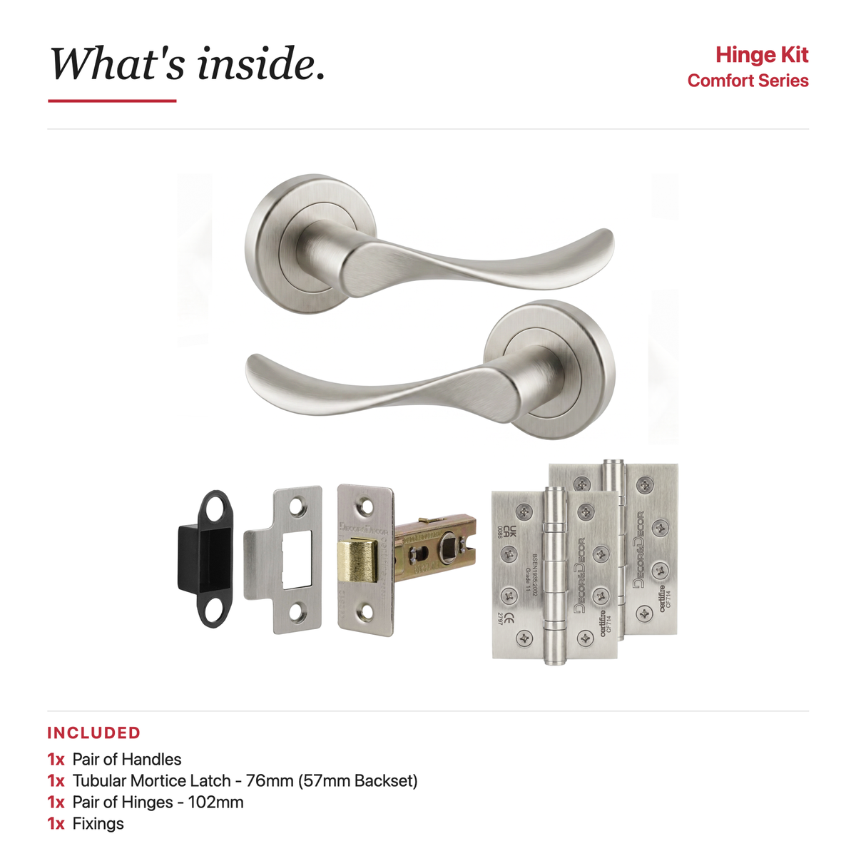 Nimbus Satin Nickel Passage Door Lever Handles – showing what's included in the box