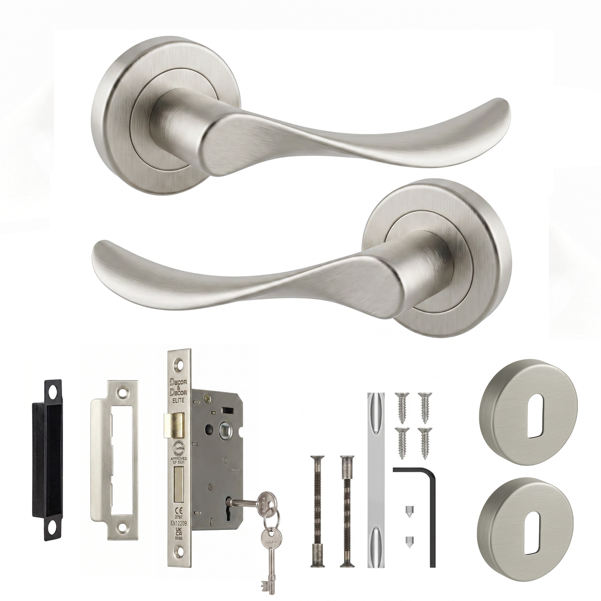 Nimbus Satin Nickel Privacy Door Lever Handles - Sash Lock Kit 76mm
