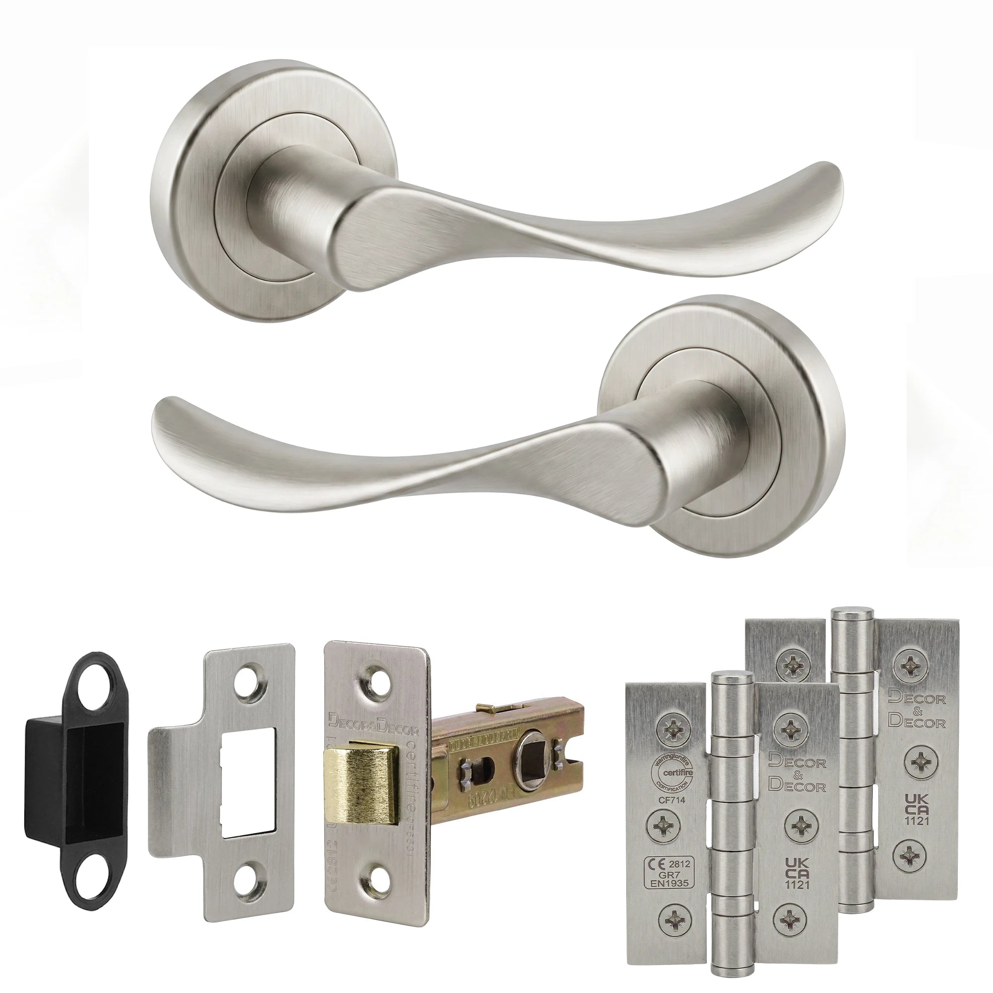 Nimbus Satin Nickel Door Lever Handles- Latch And Hinge Set